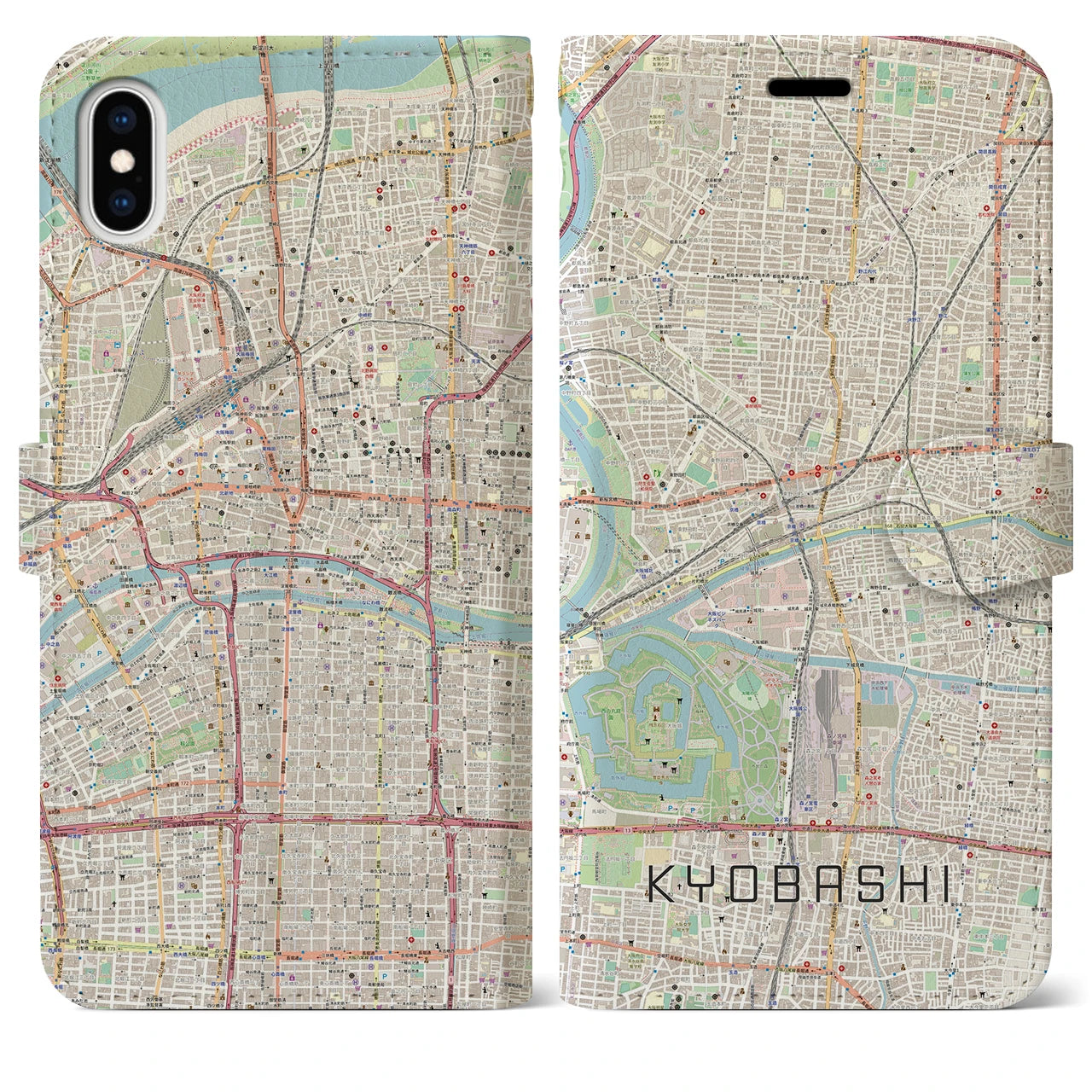 【京橋(大阪府)】地図柄iPhoneケース(手帳タイプ)ナチュラル・iPhone XS Max 用