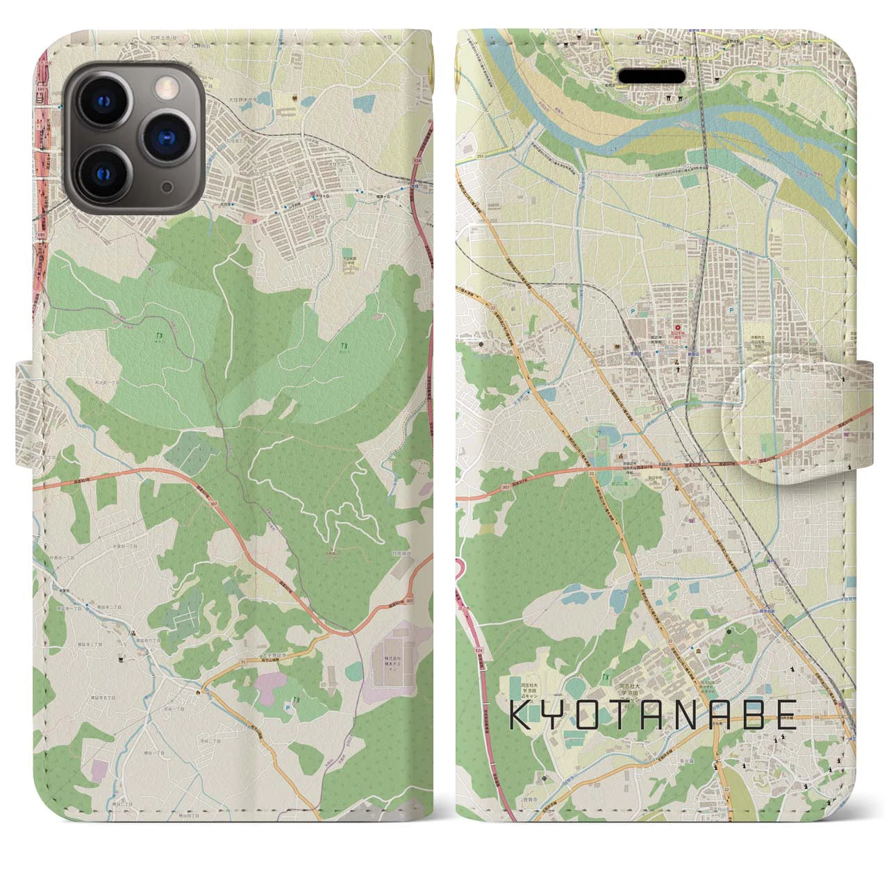 【京田辺(京都府)】地図柄iPhoneケース(手帳タイプ)ナチュラル・iPhone 11 Pro Max 用