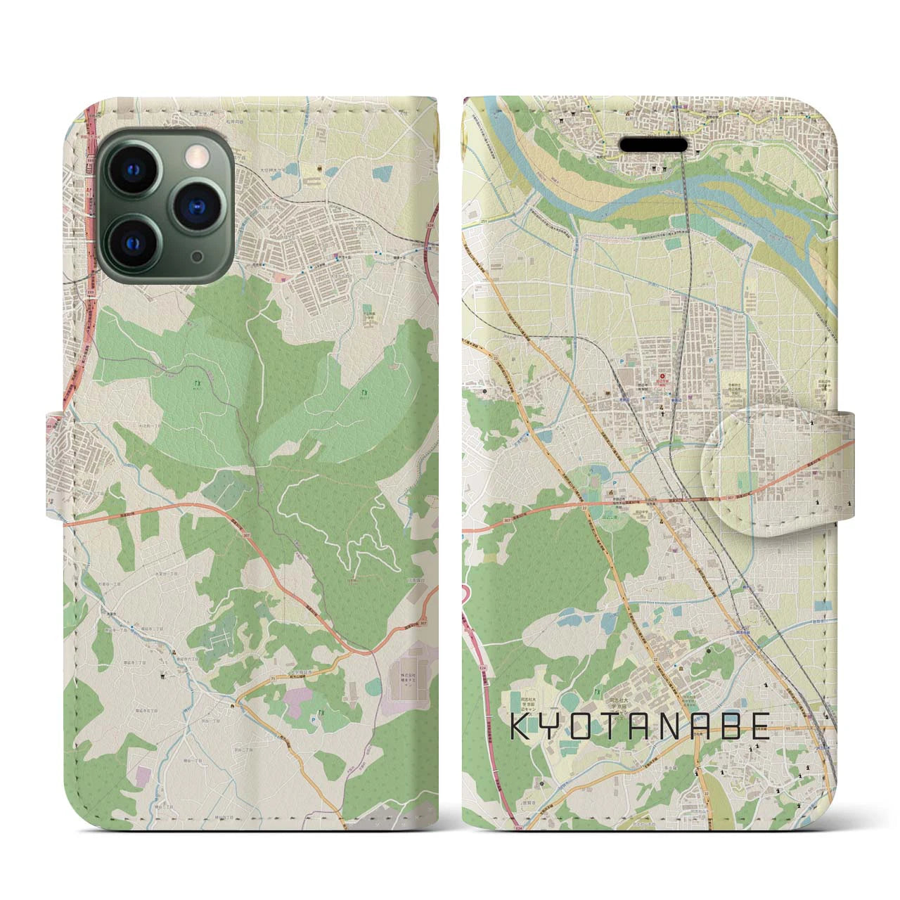 【京田辺(京都府)】地図柄iPhoneケース(手帳タイプ)ナチュラル・iPhone 11 Pro 用