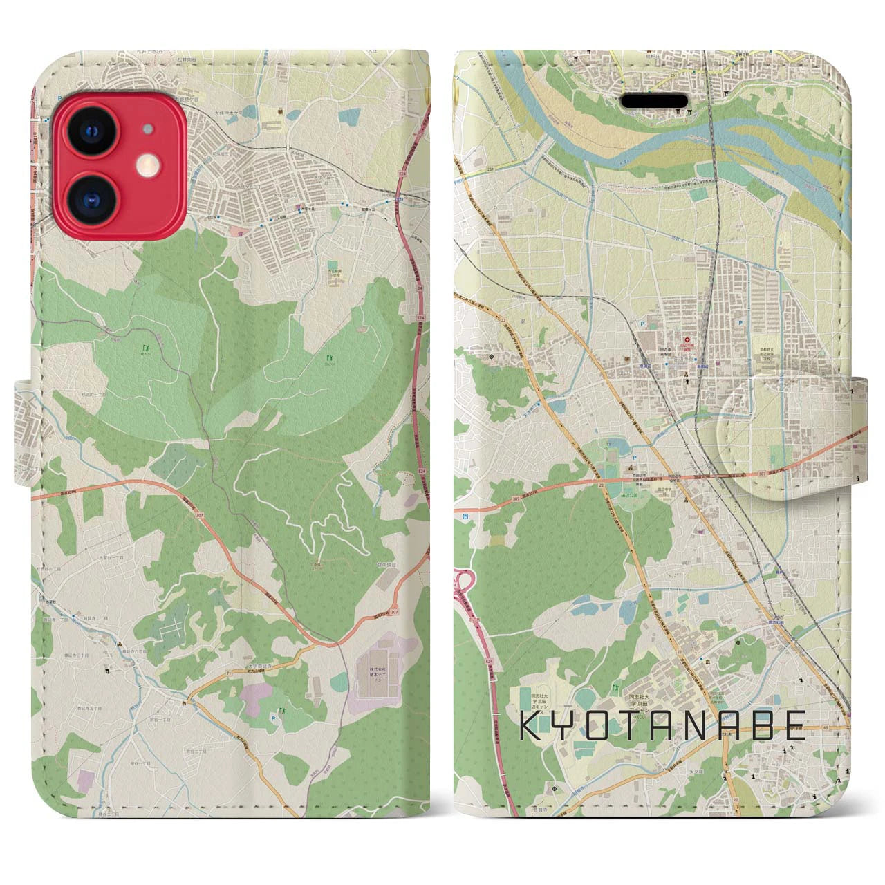 【京田辺(京都府)】地図柄iPhoneケース(手帳タイプ)ナチュラル・iPhone 11 用