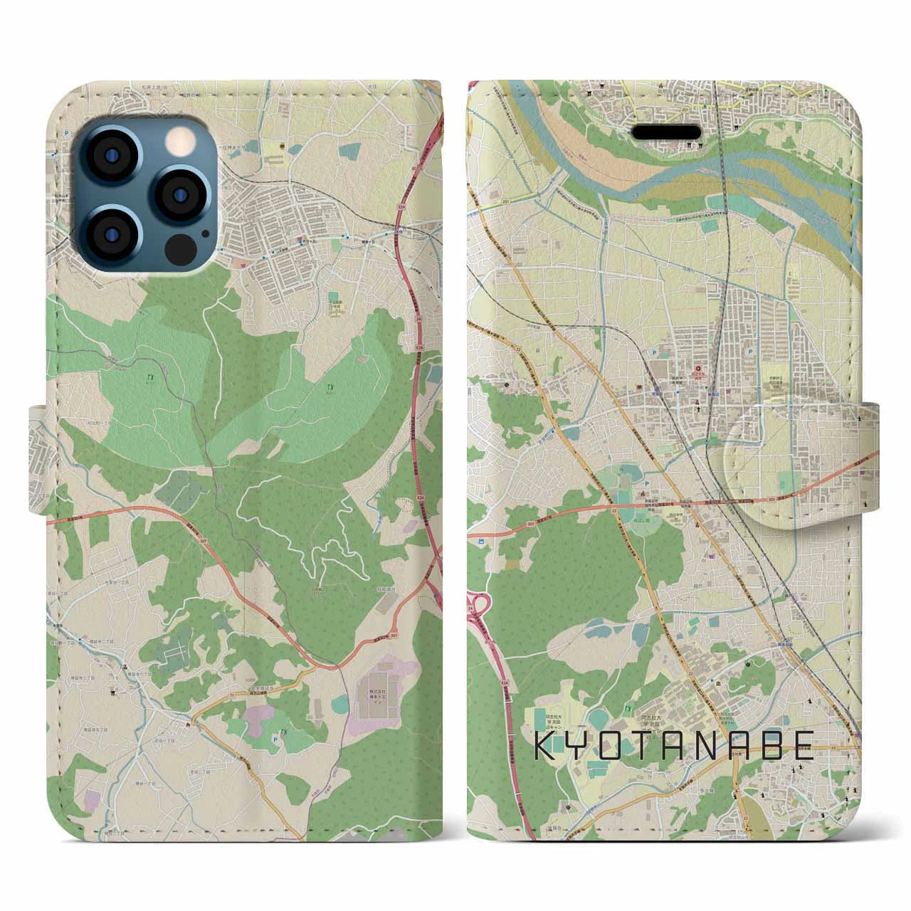 【京田辺(京都府)】地図柄iPhoneケース(手帳タイプ)ナチュラル・iPhone 12 / 12 Pro 用