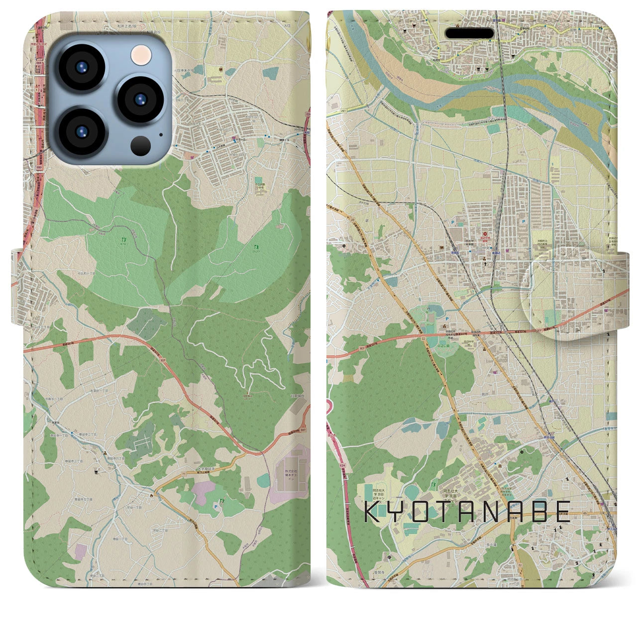 【京田辺(京都府)】地図柄iPhoneケース(手帳タイプ)ナチュラル・iPhone 13 Pro Max 用