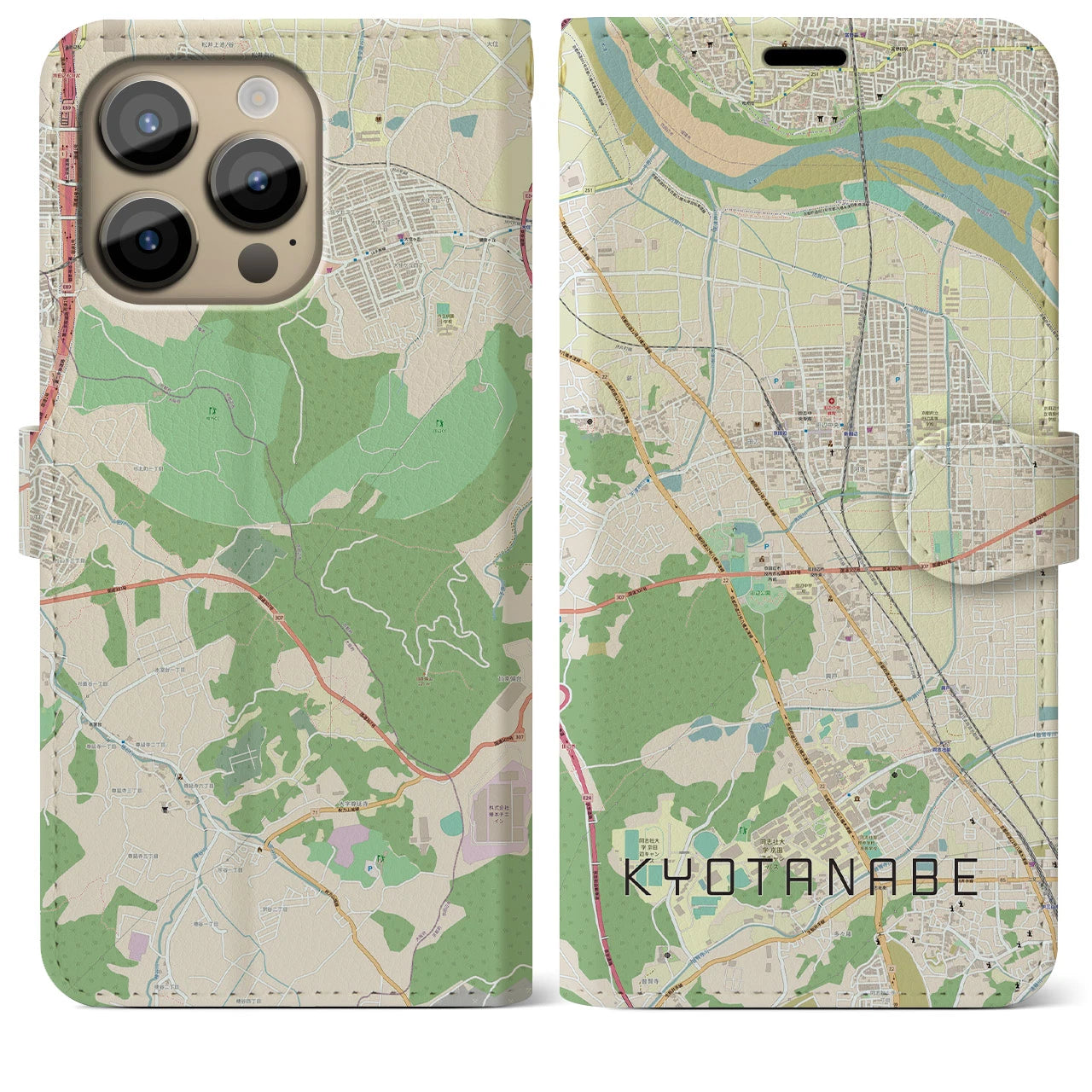 【京田辺(京都府)】地図柄iPhoneケース(手帳タイプ)ナチュラル・iPhone 14 Pro Max 用