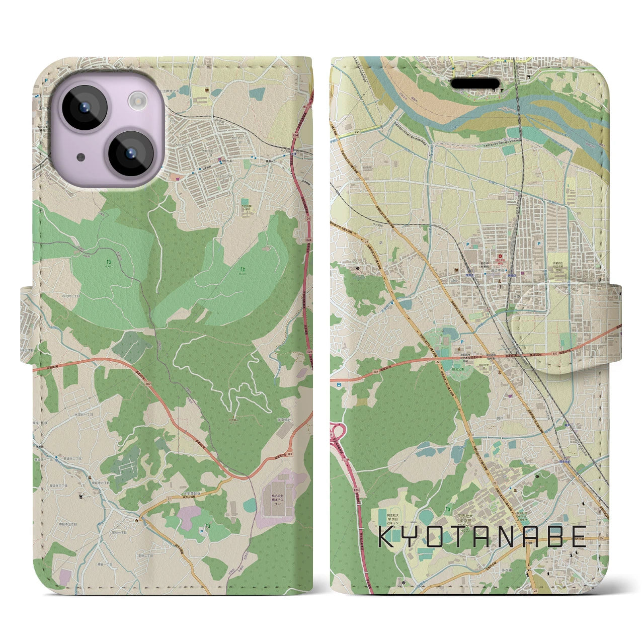 【京田辺(京都府)】地図柄iPhoneケース(手帳タイプ)ナチュラル・iPhone 14 用