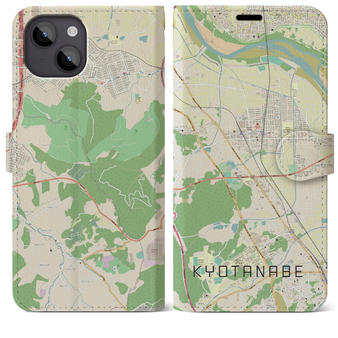 【京田辺(京都府)】地図柄iPhoneケース(手帳タイプ)ナチュラル・iPhone 14 Plus 用