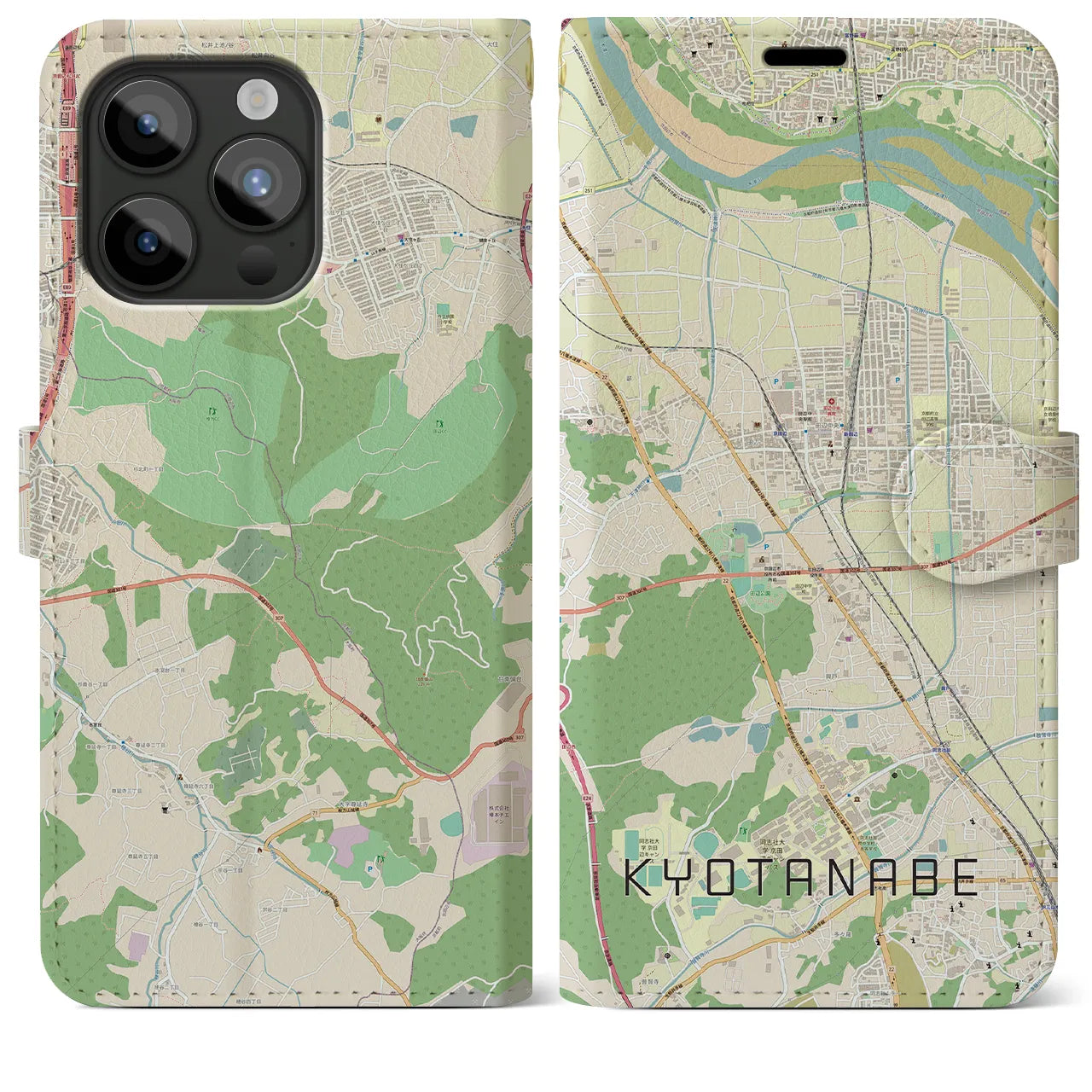 【京田辺(京都府)】地図柄iPhoneケース(手帳タイプ)ナチュラル・iPhone 15 Pro Max 用