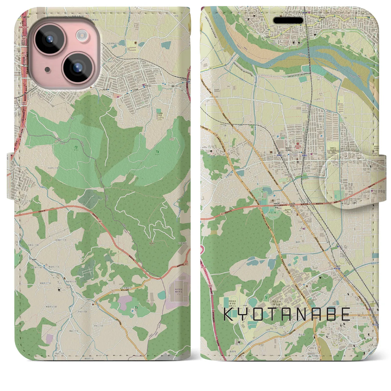 【京田辺(京都府)】地図柄iPhoneケース(手帳タイプ)ナチュラル・iPhone 15 Plus 用