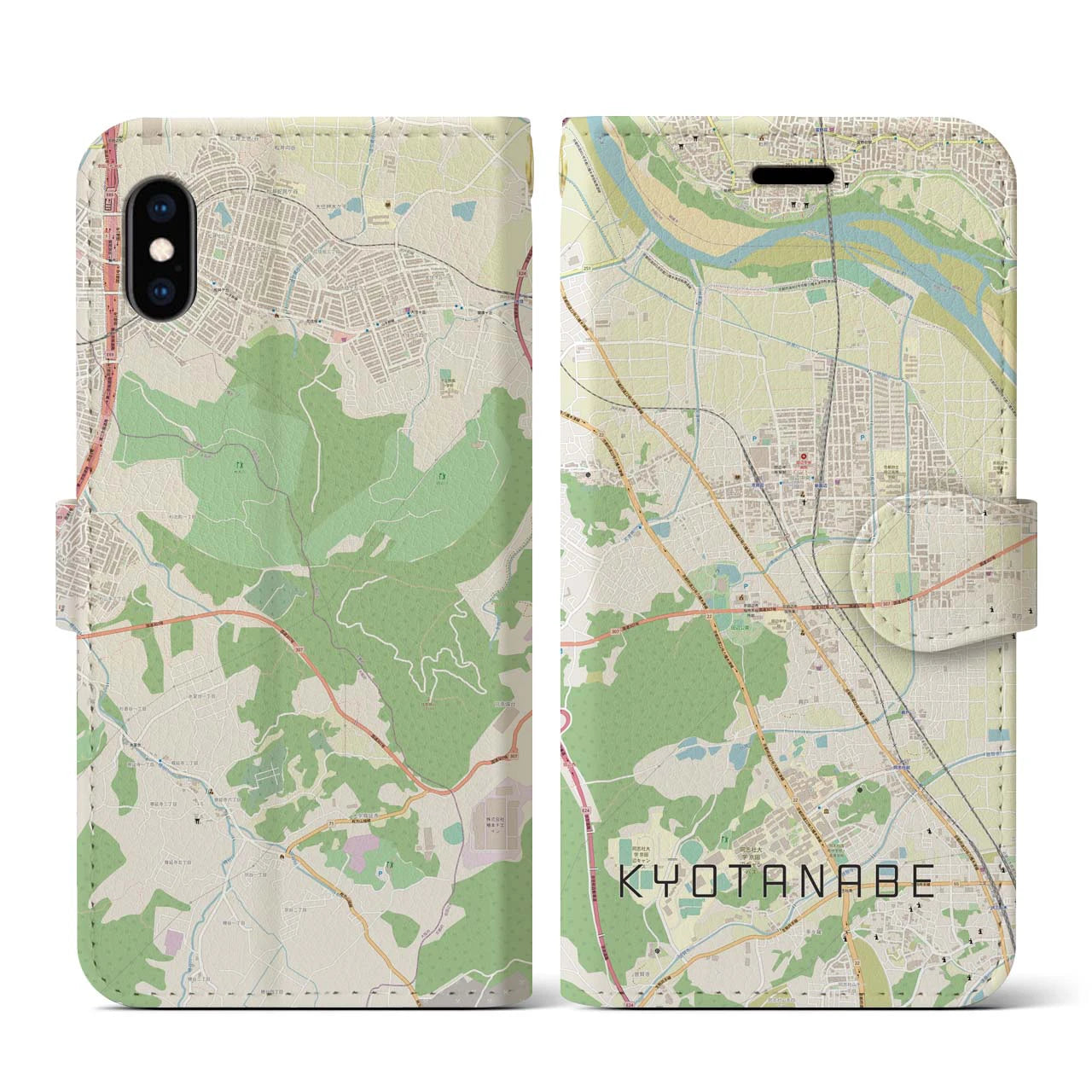 【京田辺(京都府)】地図柄iPhoneケース(手帳タイプ)ナチュラル・iPhone XS / X 用