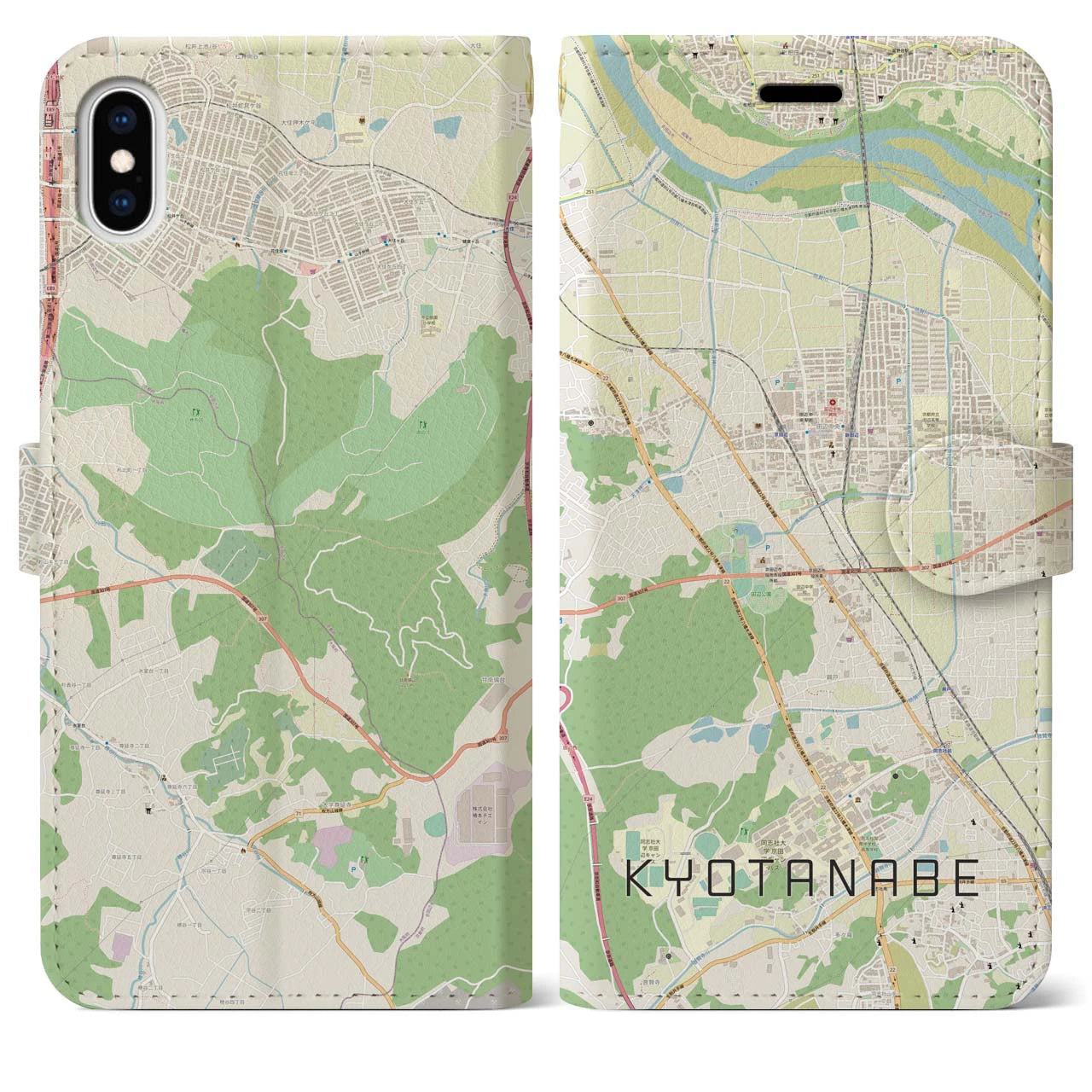 【京田辺(京都府)】地図柄iPhoneケース(手帳タイプ)ナチュラル・iPhone XS Max 用