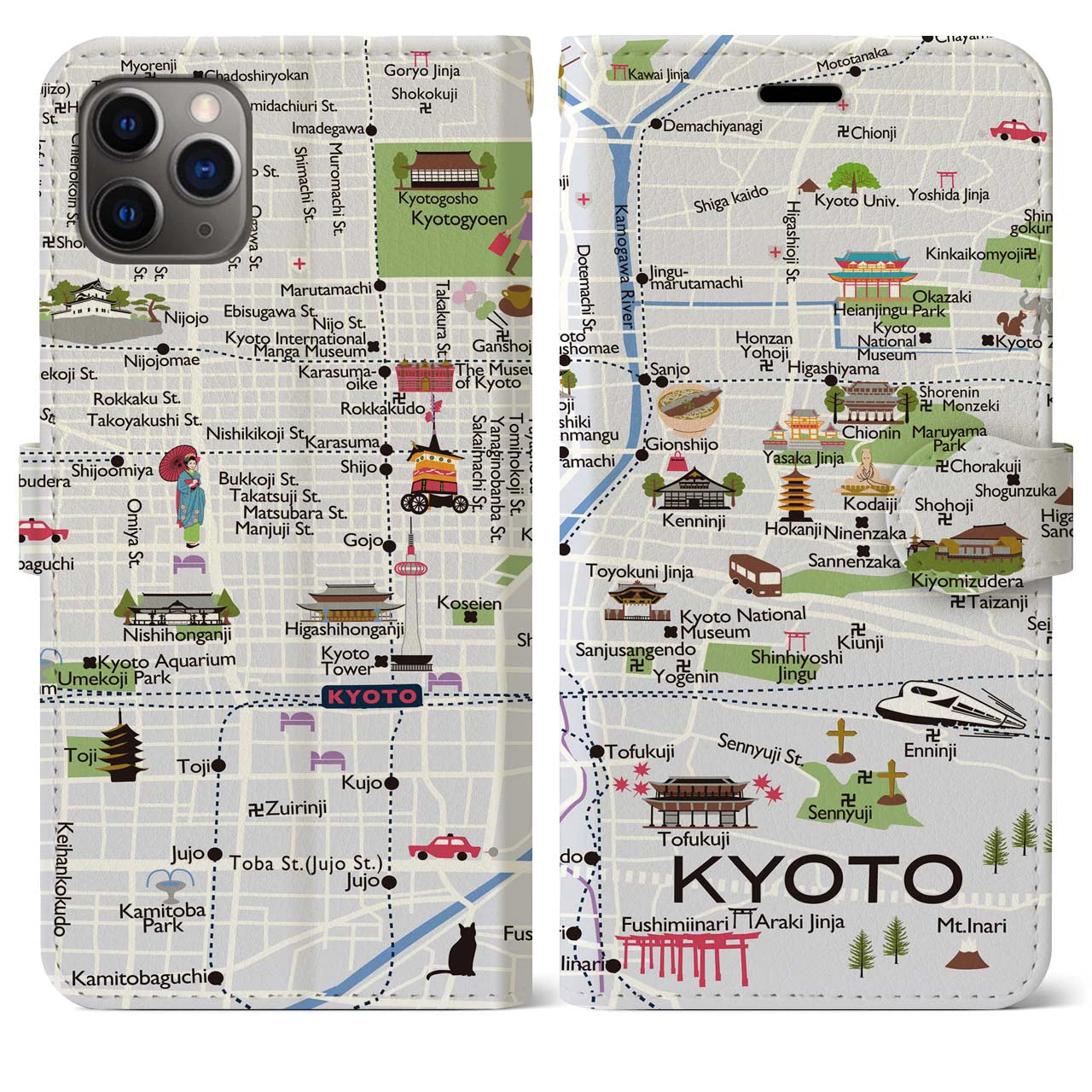 【京都(イラスト)】イラストマップiPhoneケース(手帳タイプ)白すみれ・iPhone 11 Pro Max 用