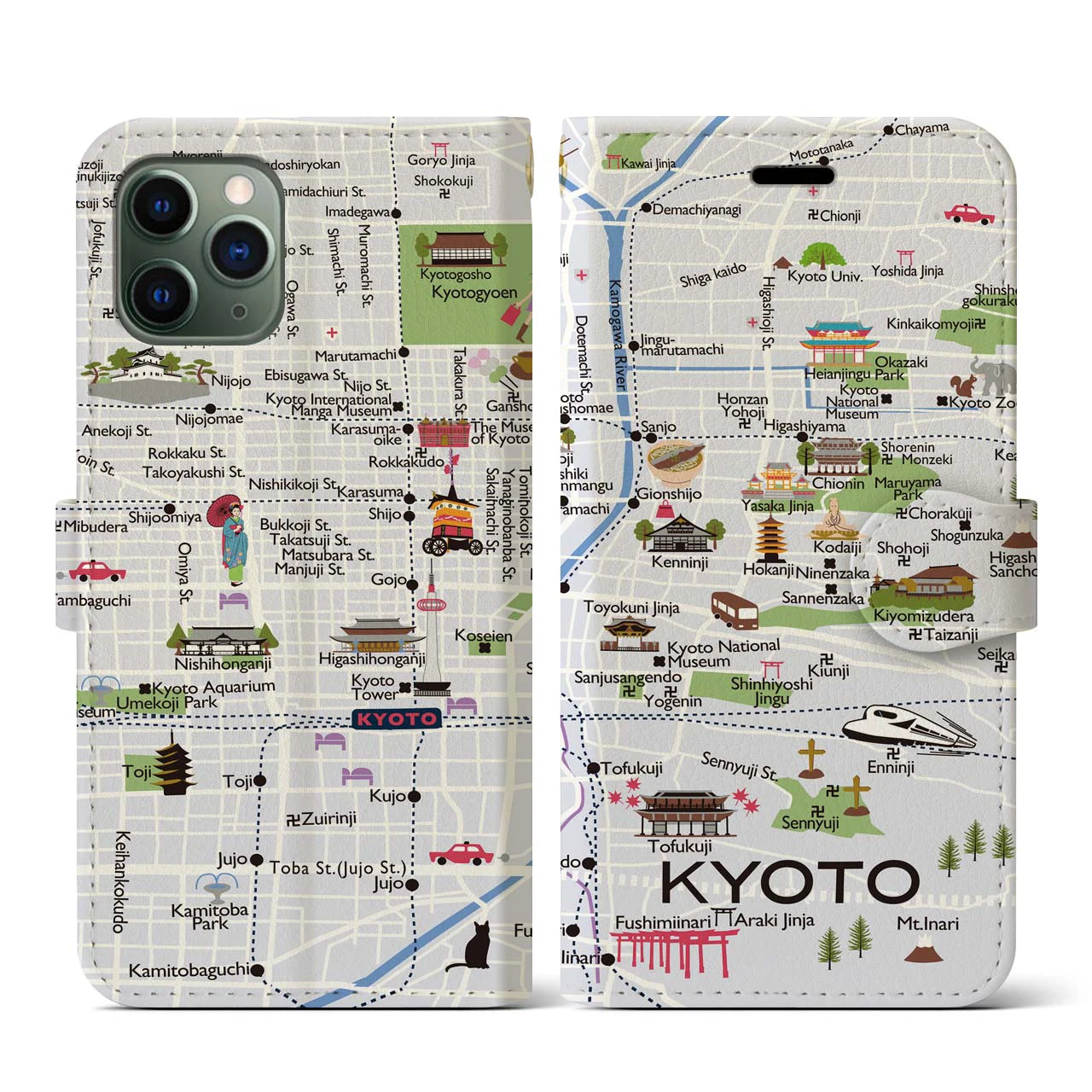 【京都(イラスト)】イラストマップiPhoneケース(手帳タイプ)白すみれ・iPhone 11 Pro 用