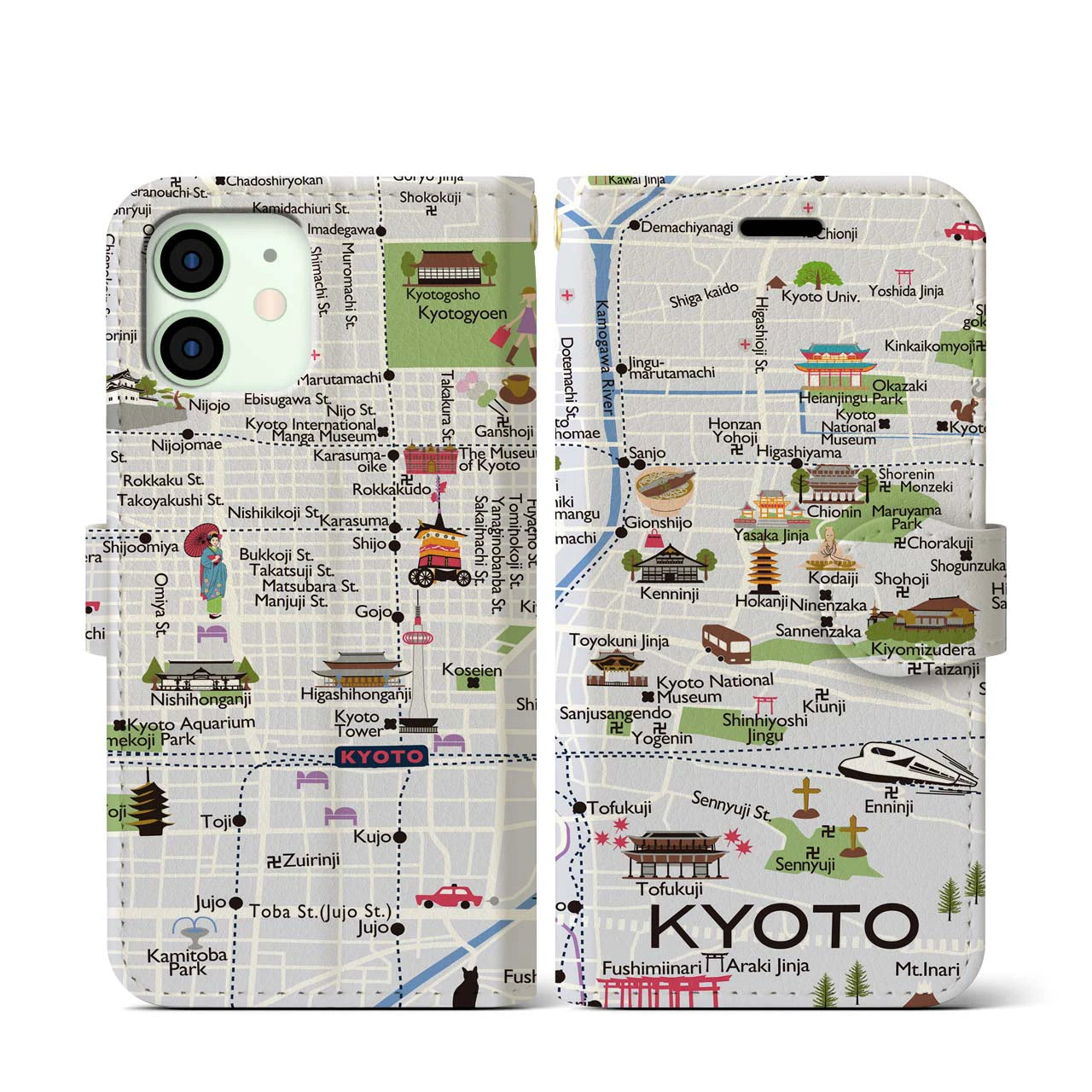 【京都(イラスト)】イラストマップiPhoneケース(手帳タイプ)白すみれ・iPhone 12 mini 用
