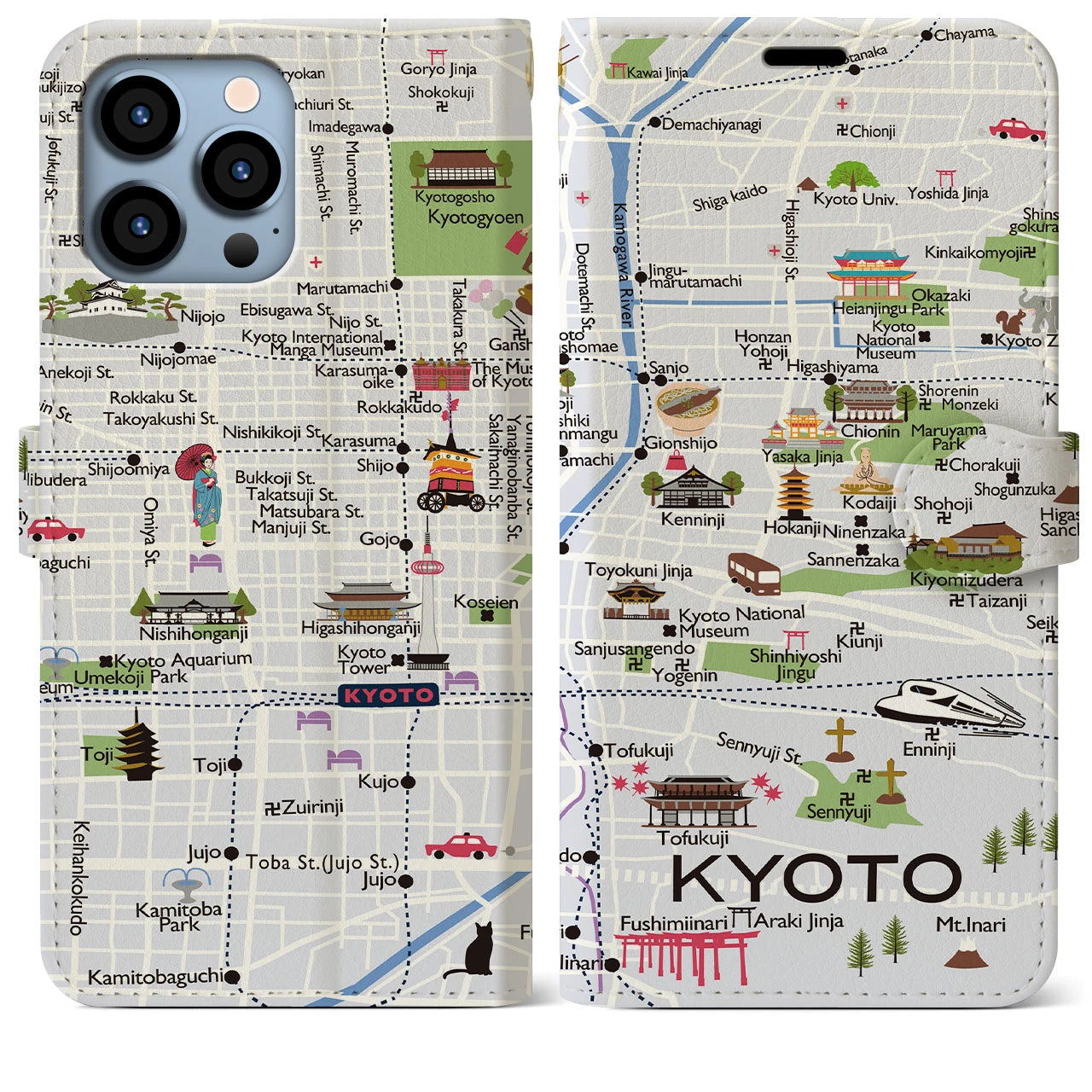 【京都(イラスト)】イラストマップiPhoneケース(手帳タイプ)白すみれ・iPhone 13 Pro Max 用