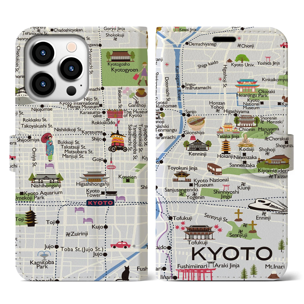 【京都(イラスト)】イラストマップiPhoneケース(手帳タイプ)白すみれ・iPhone 13 Pro 用