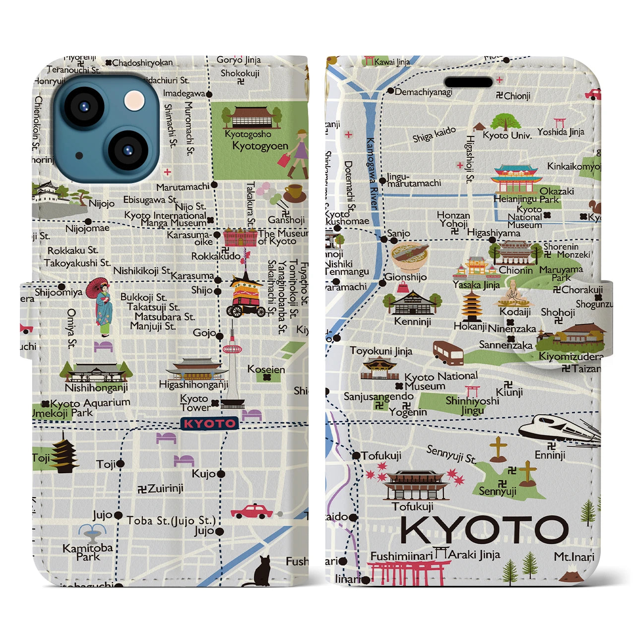 【京都(イラスト)】イラストマップiPhoneケース(手帳タイプ)白すみれ・iPhone 13 用