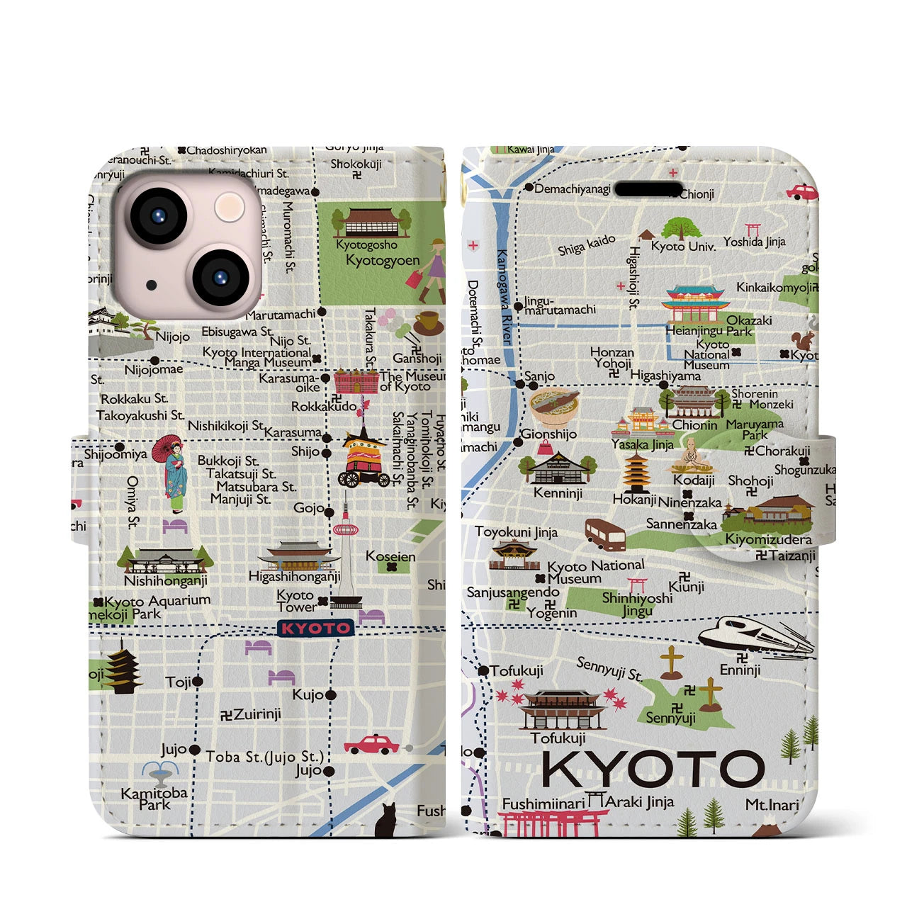 【京都(イラスト)】イラストマップiPhoneケース(手帳タイプ)白すみれ・iPhone 13 mini 用