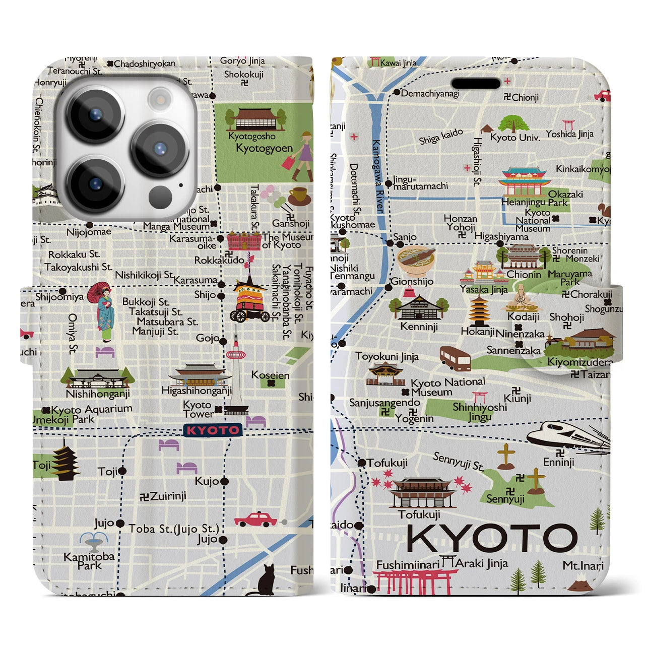【京都(イラスト)】イラストマップiPhoneケース(手帳タイプ)白すみれ・iPhone 14 Pro 用