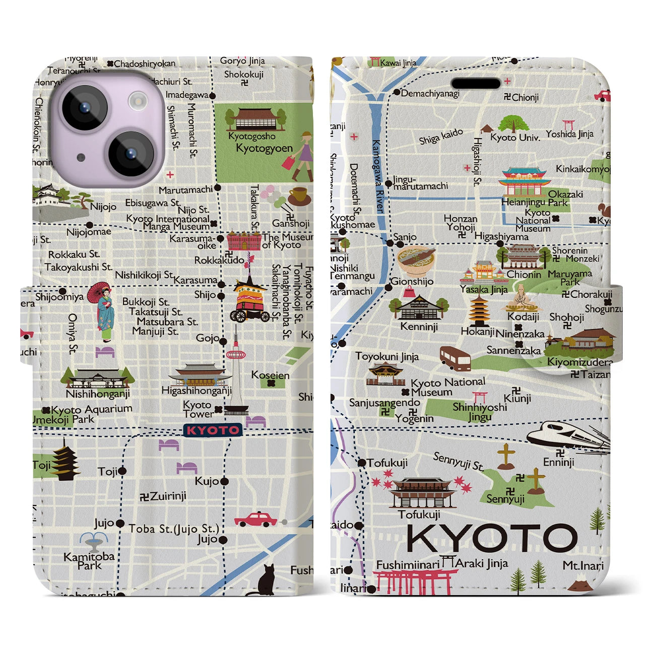 【京都(イラスト)】イラストマップiPhoneケース(手帳タイプ)白すみれ・iPhone 14 用