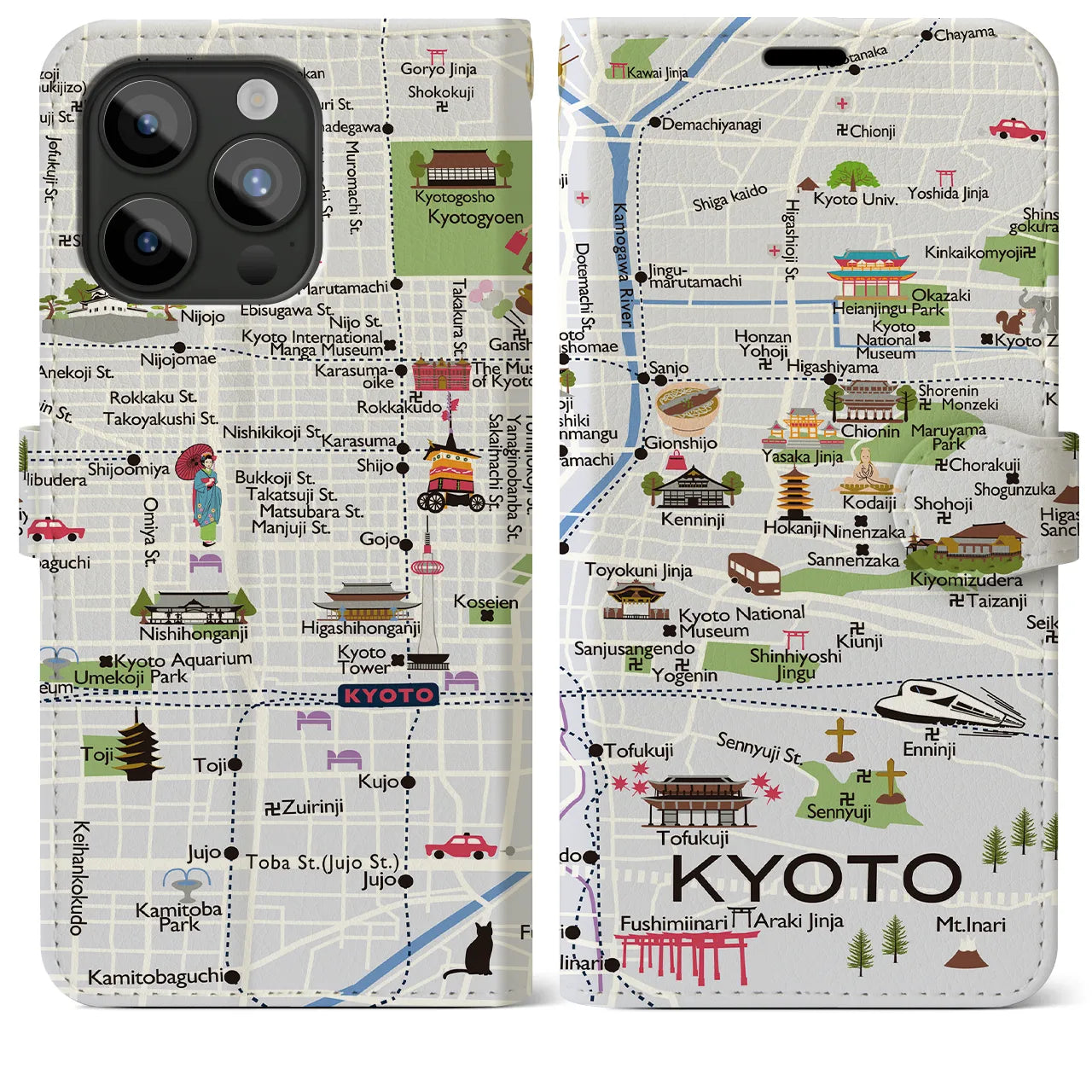 【京都(イラスト)】イラストマップiPhoneケース(手帳タイプ)白すみれ・iPhone 15 Pro Max 用
