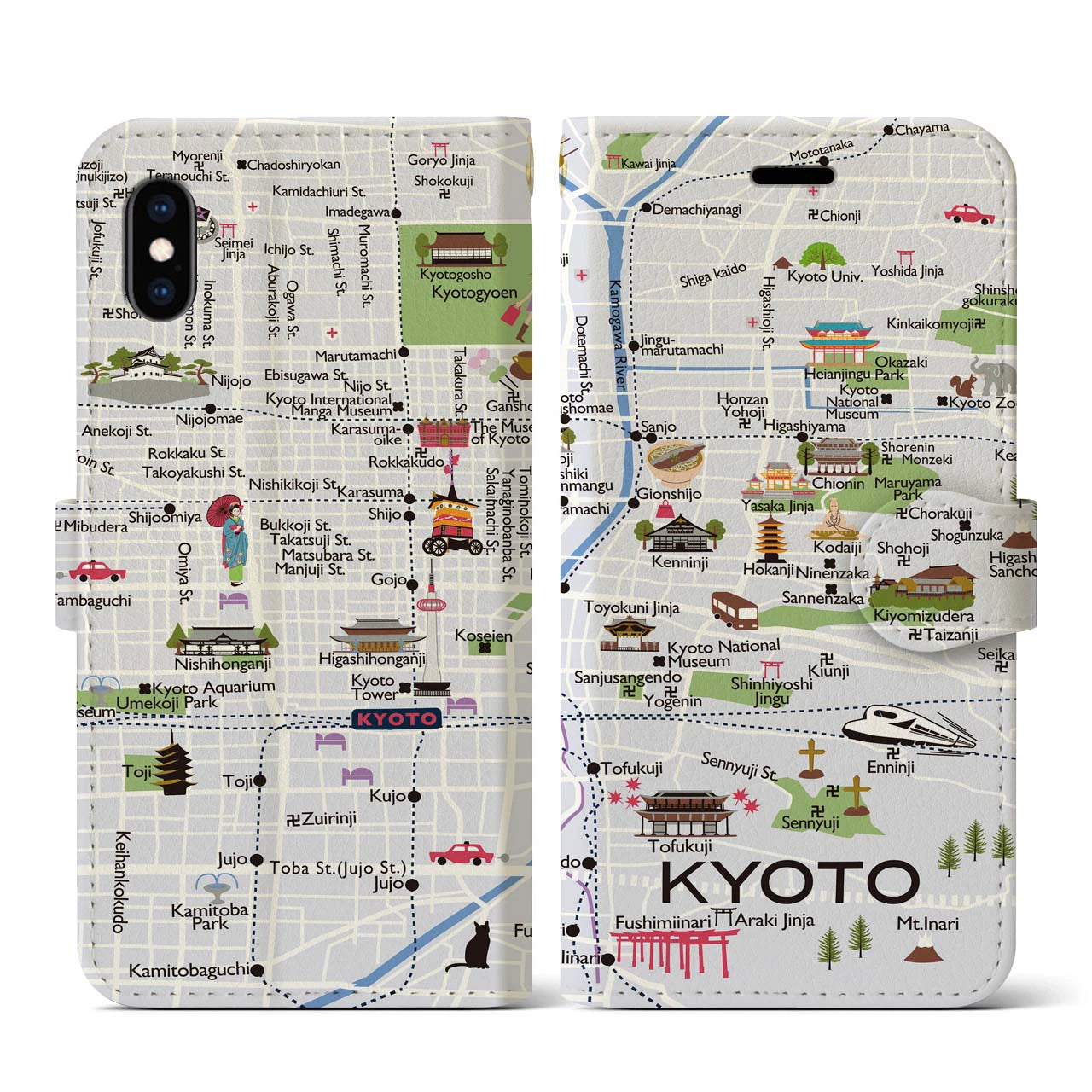 【京都(イラスト)】イラストマップiPhoneケース(手帳タイプ)白すみれ・iPhone XS / X 用