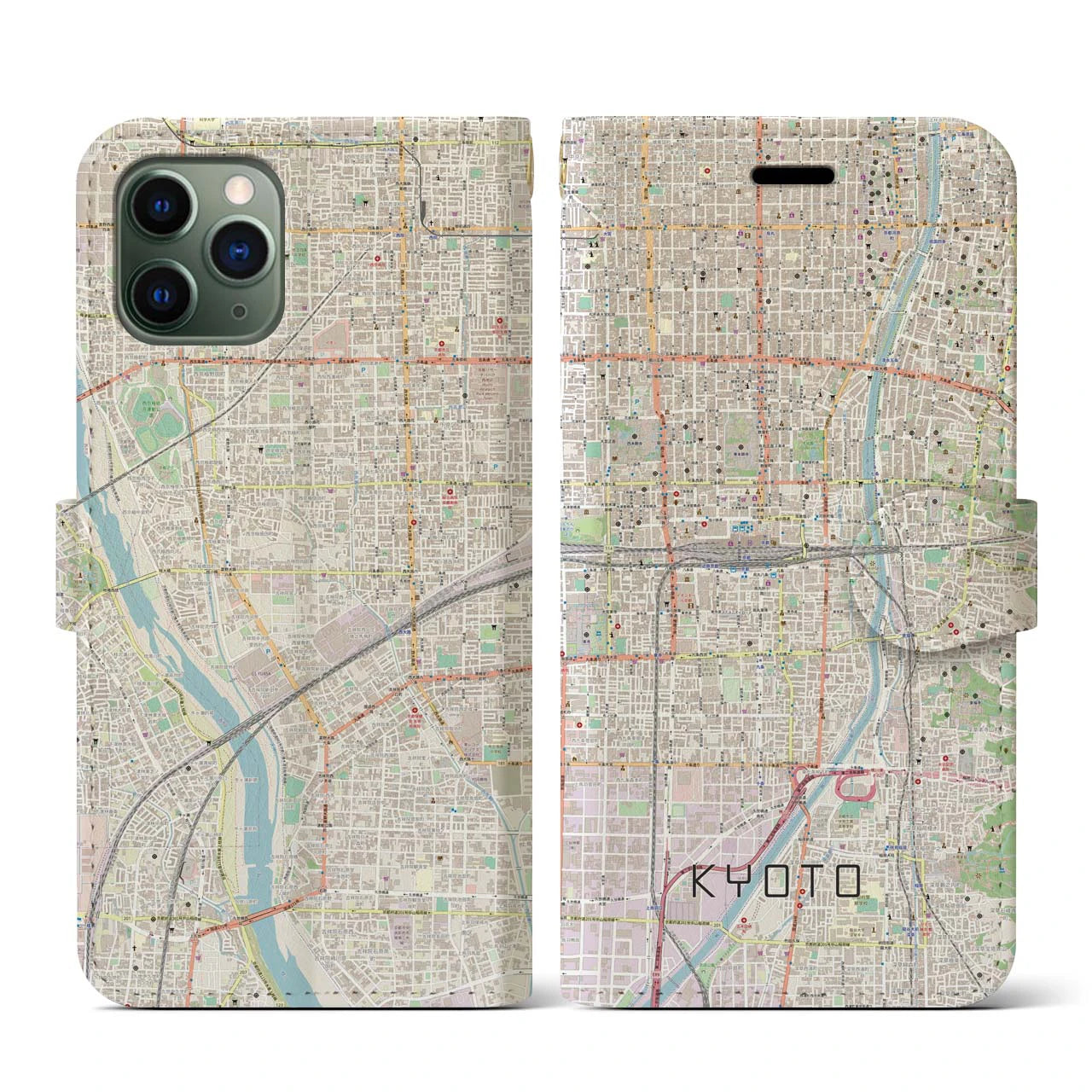 【京都2(京都府)】地図柄iPhoneケース(手帳タイプ)ナチュラル・iPhone 11 Pro 用