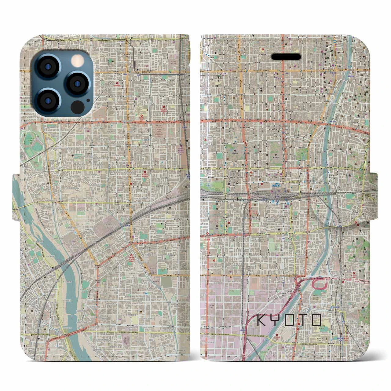【京都2(京都府)】地図柄iPhoneケース(手帳タイプ)ナチュラル・iPhone 12 / 12 Pro 用