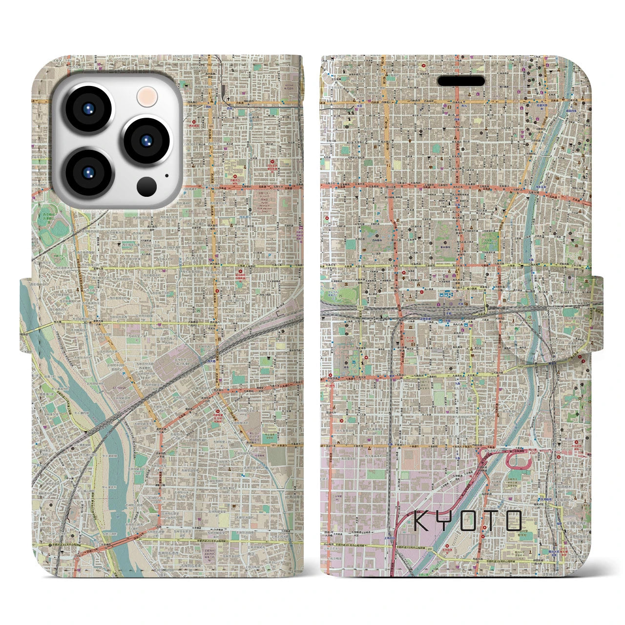 【京都2(京都府)】地図柄iPhoneケース(手帳タイプ)ナチュラル・iPhone 13 Pro 用