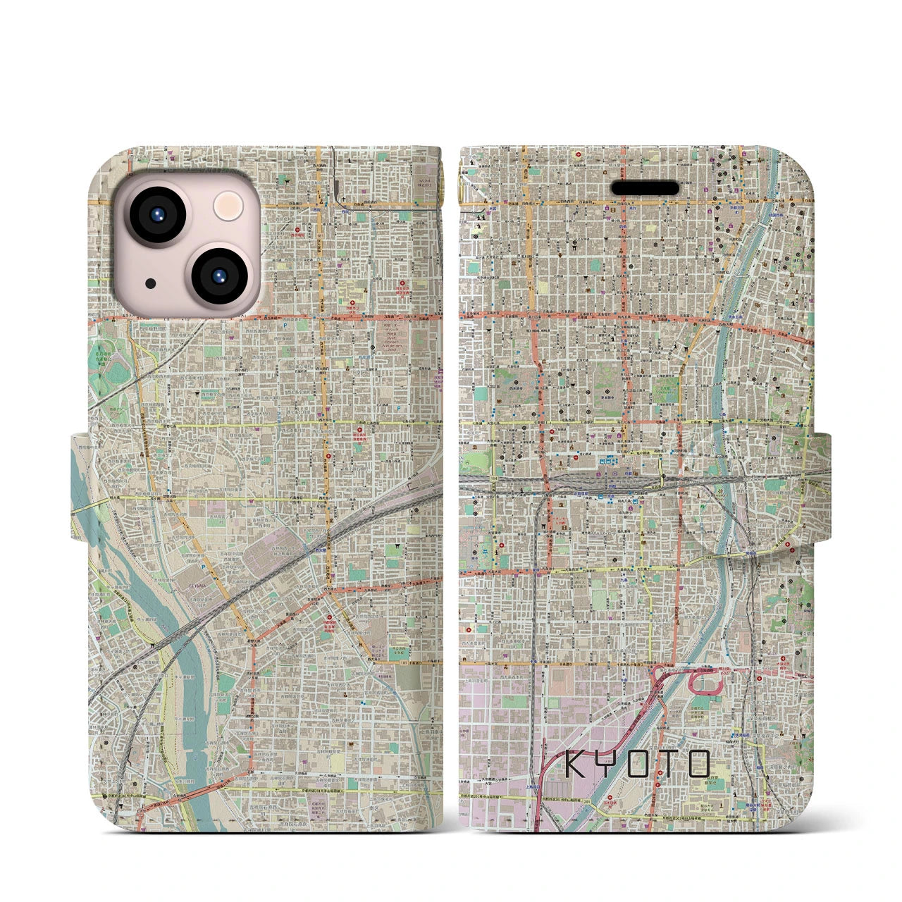 【京都2(京都府)】地図柄iPhoneケース(手帳タイプ)ナチュラル・iPhone 13 mini 用