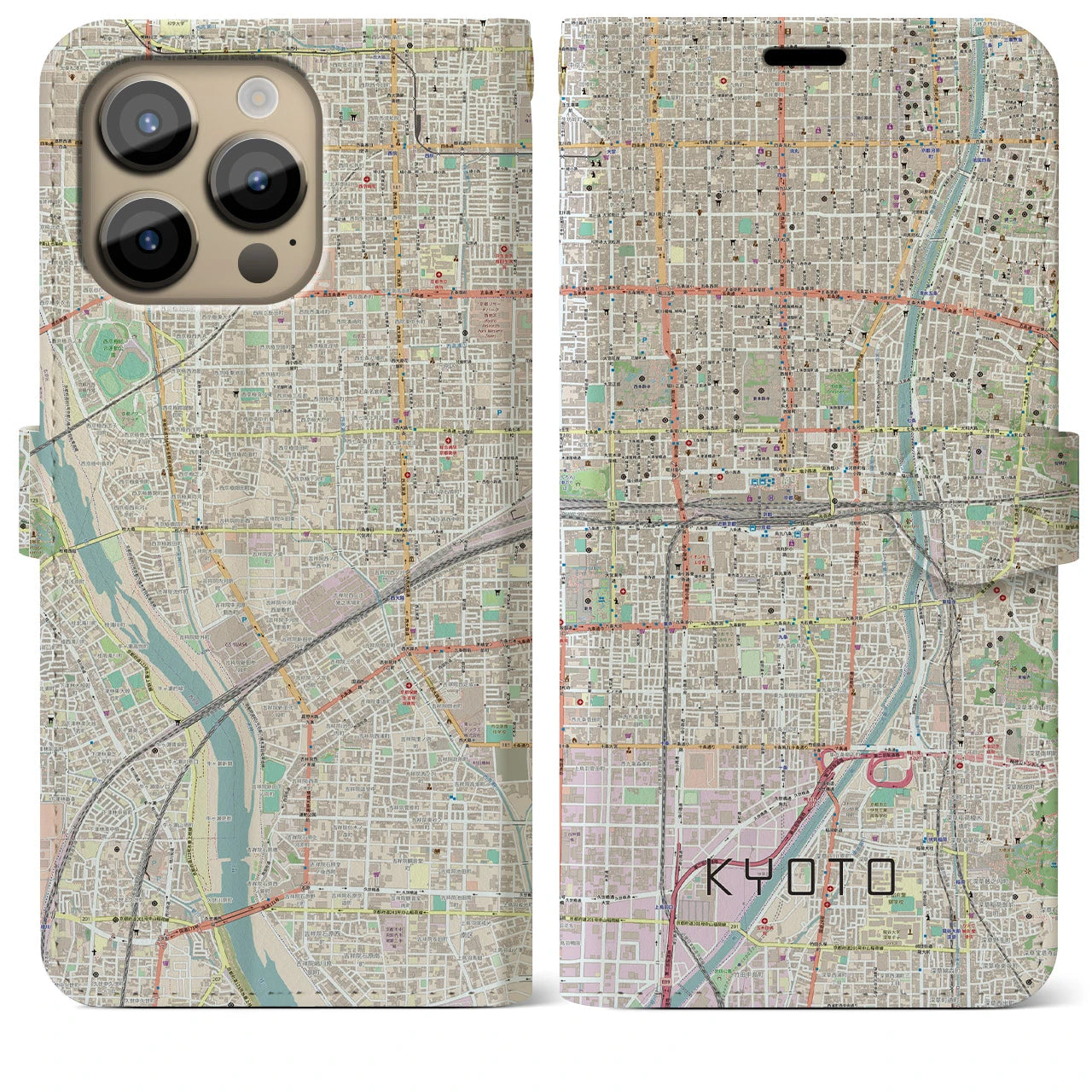 【京都2(京都府)】地図柄iPhoneケース(手帳タイプ)ナチュラル・iPhone 14 Pro Max 用
