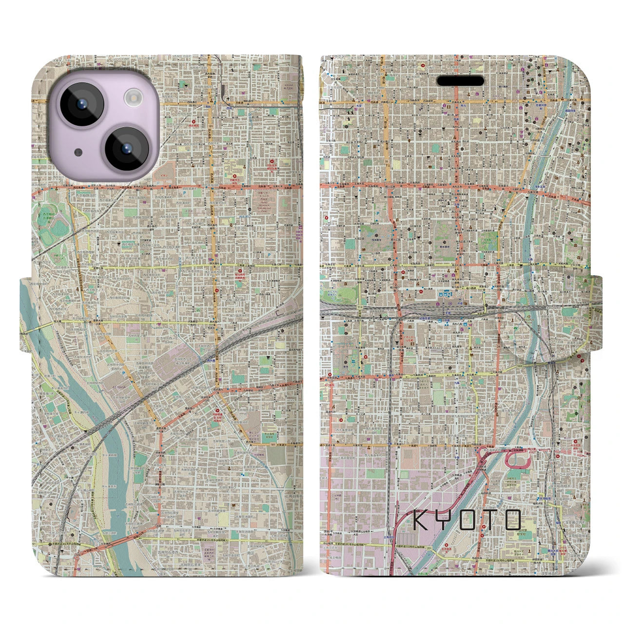 【京都2(京都府)】地図柄iPhoneケース(手帳タイプ)ナチュラル・iPhone 14 用
