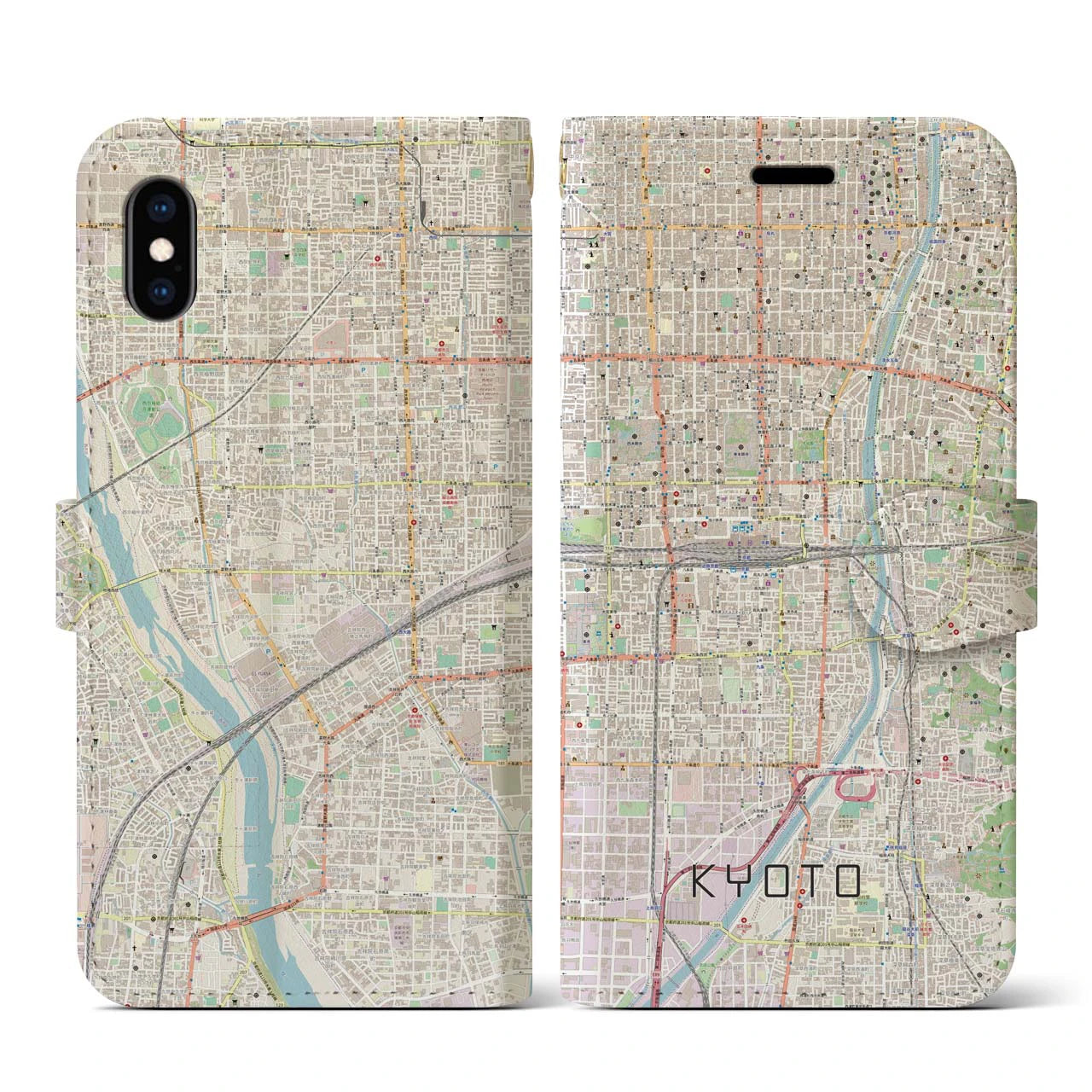 【京都2(京都府)】地図柄iPhoneケース(手帳タイプ)ナチュラル・iPhone XS / X 用