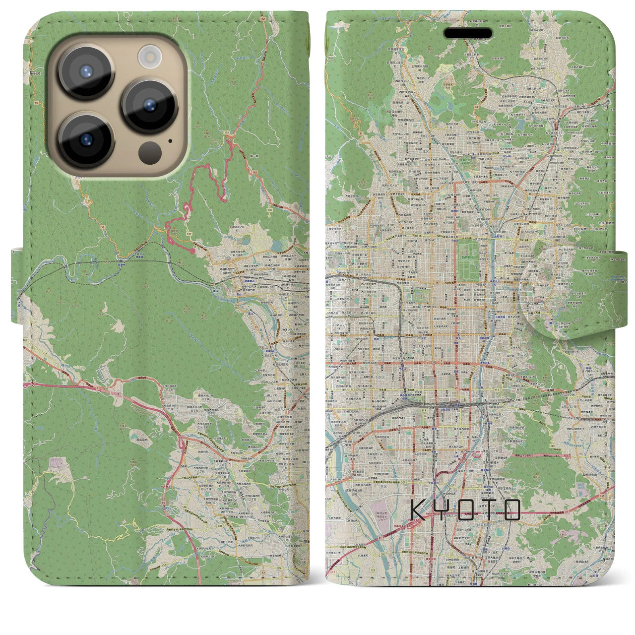【京都(京都府)】地図柄iPhoneケース(手帳タイプ)ナチュラル・iPhone 14 Pro Max 用