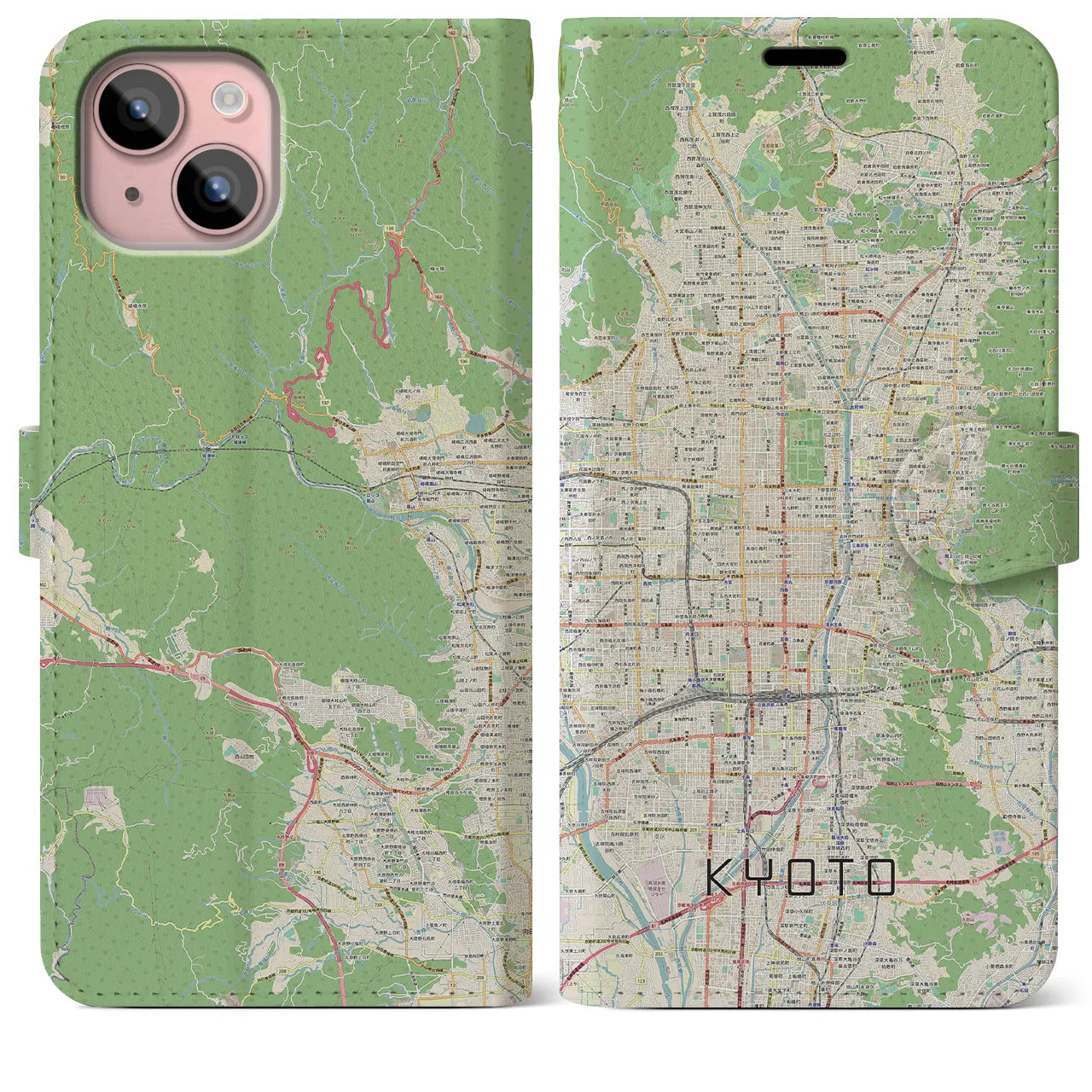 【京都(京都府)】地図柄iPhoneケース(手帳タイプ)ナチュラル・iPhone 15 Plus 用
