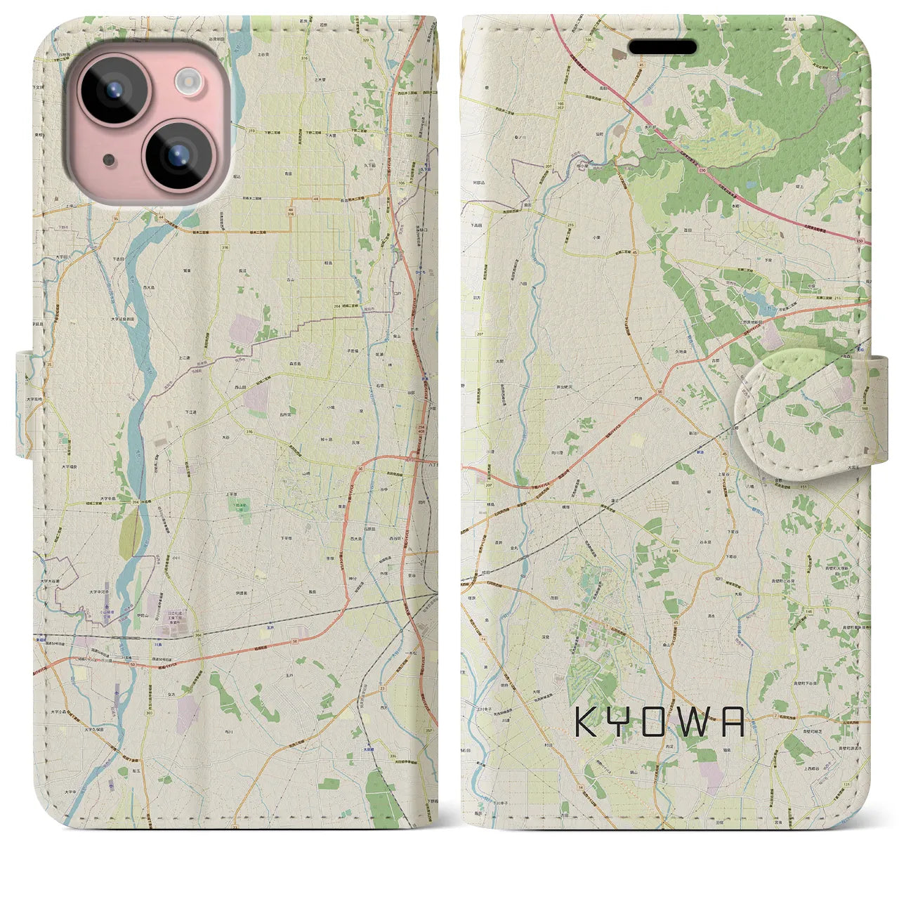 【協和(茨城県)】地図柄iPhoneケース(手帳タイプ)ナチュラル・iPhone 15 Plus 用