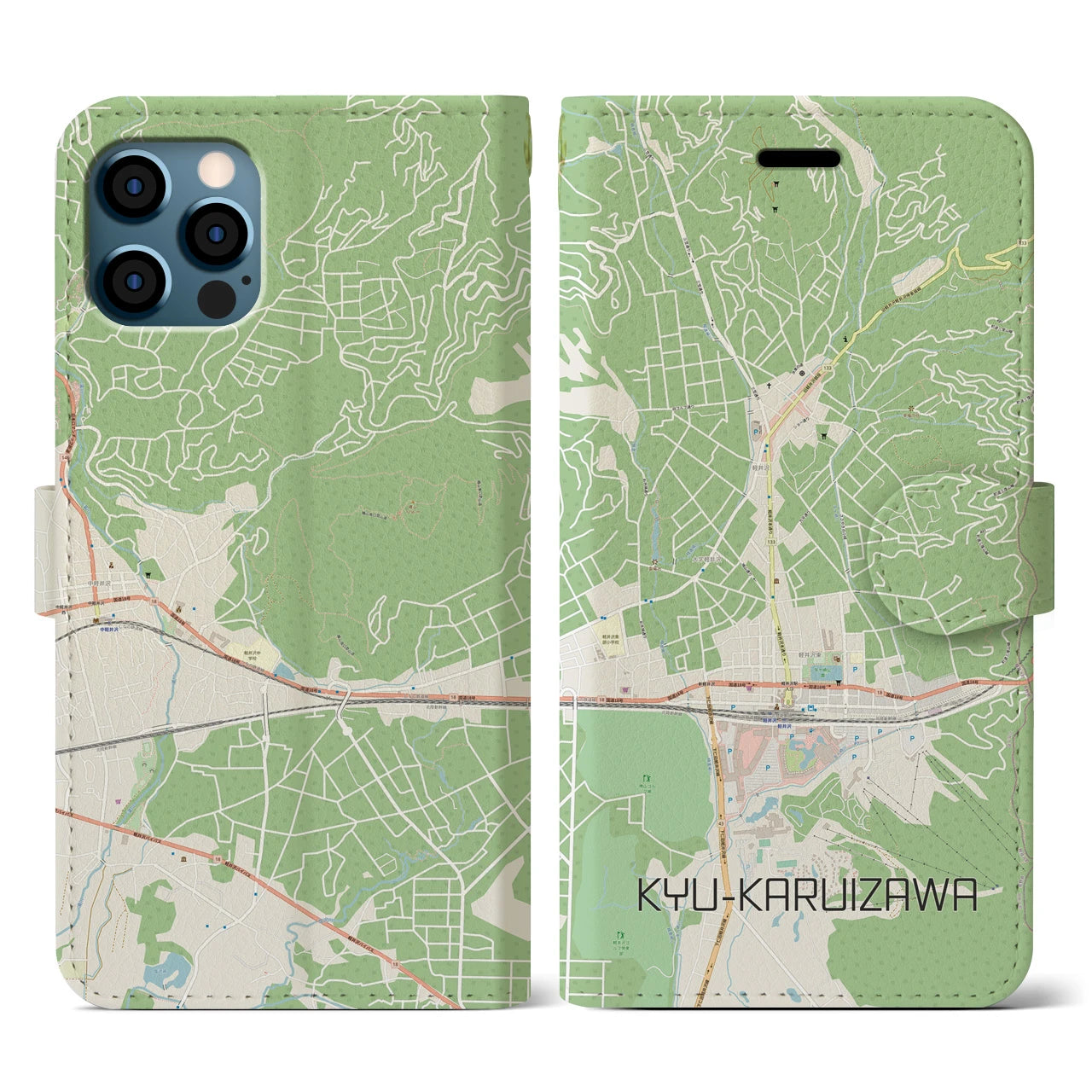 【旧軽井沢(長野県)】地図柄iPhoneケース(手帳タイプ)ナチュラル・iPhone 12 / 12 Pro 用