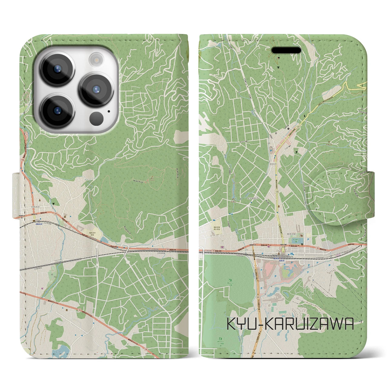 【旧軽井沢(長野県)】地図柄iPhoneケース(手帳タイプ)ナチュラル・iPhone 14 Pro 用