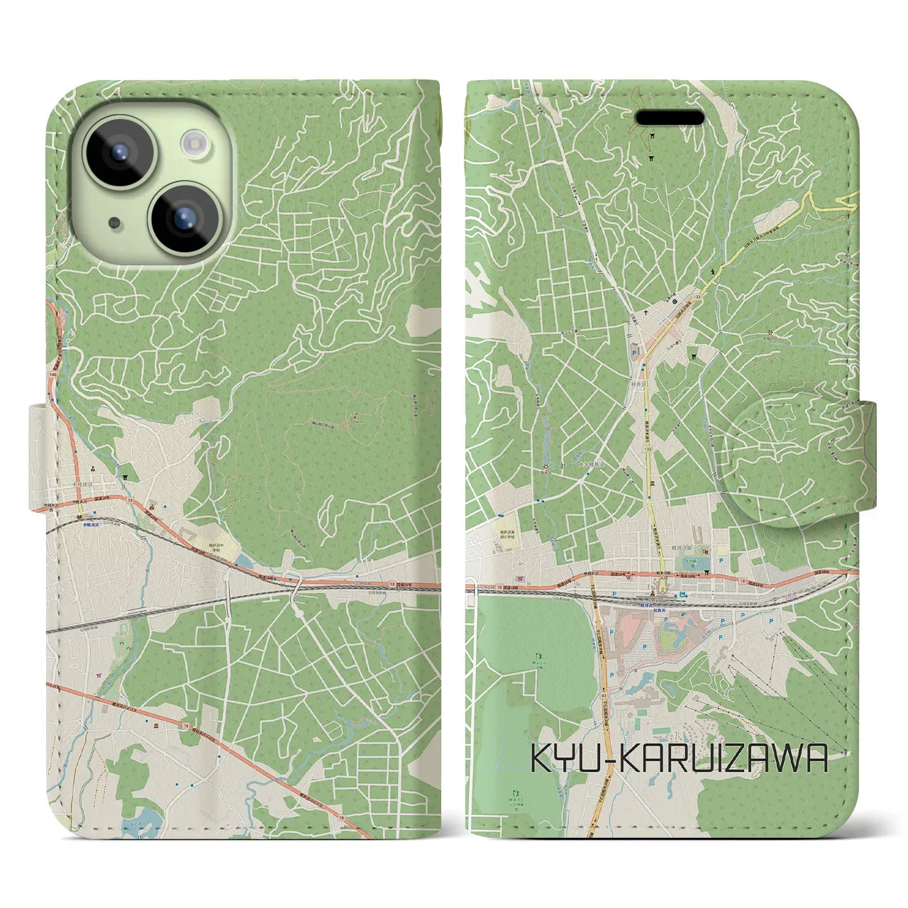 【旧軽井沢(長野県)】地図柄iPhoneケース(手帳タイプ)ナチュラル・iPhone 15 用