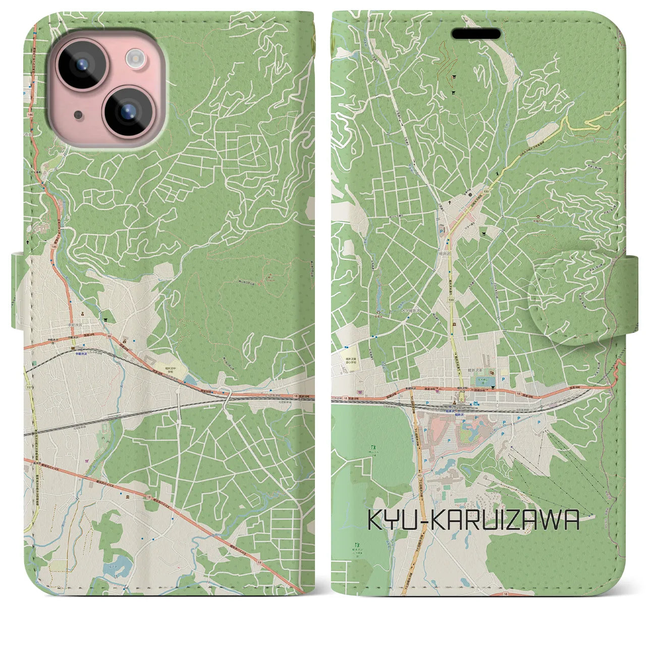 【旧軽井沢(長野県)】地図柄iPhoneケース(手帳タイプ)ナチュラル・iPhone 15 Plus 用