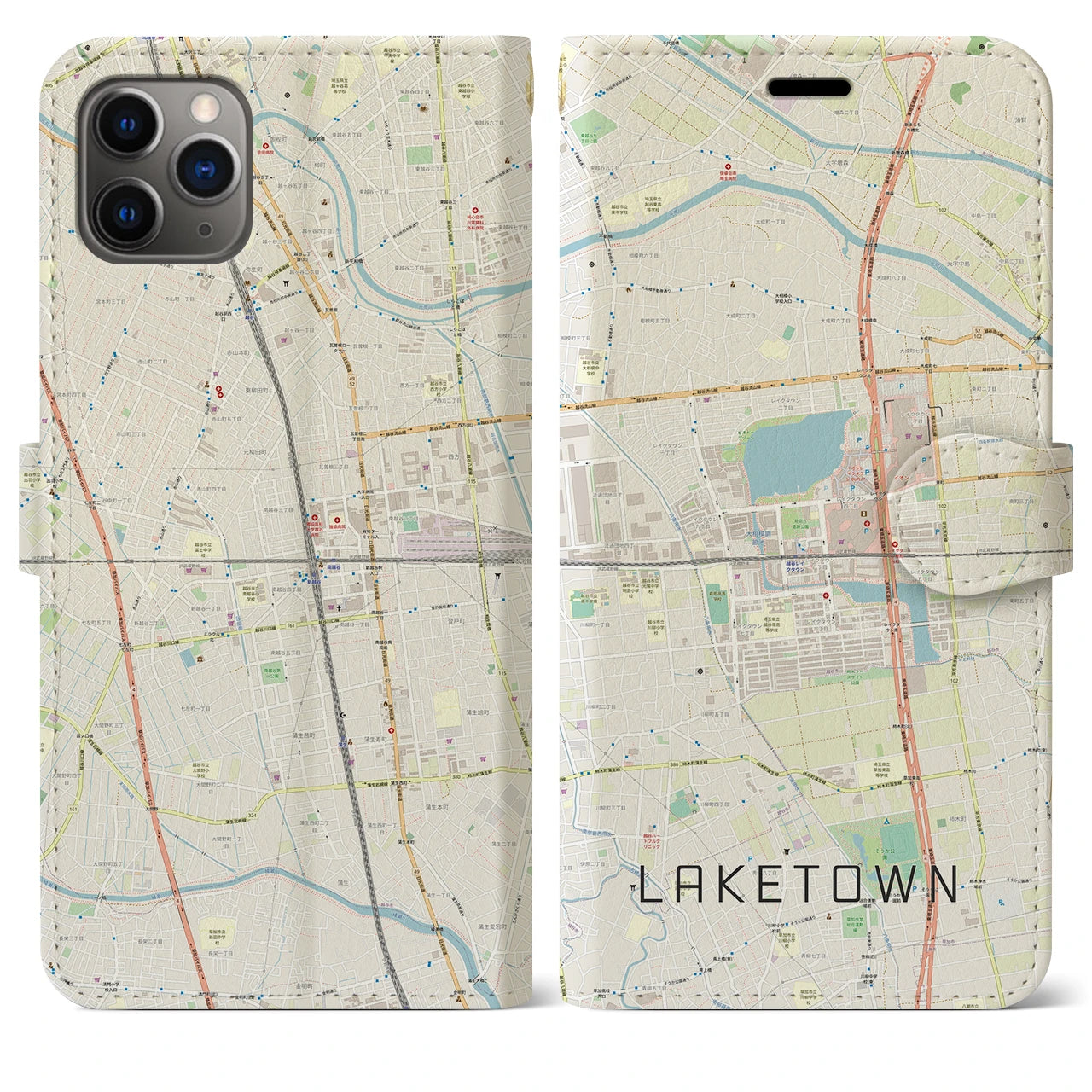 【越谷レイクタウン(埼玉県)】地図柄iPhoneケース(手帳タイプ)ナチュラル・iPhone 11 Pro Max 用