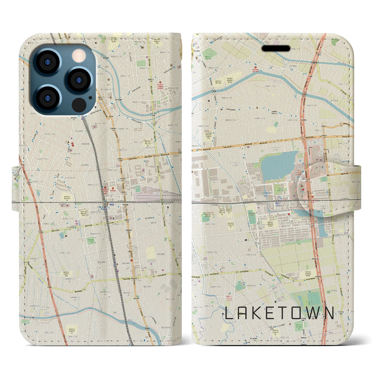 【越谷レイクタウン(埼玉県)】地図柄iPhoneケース(手帳タイプ)ナチュラル・iPhone 12 / 12 Pro 用