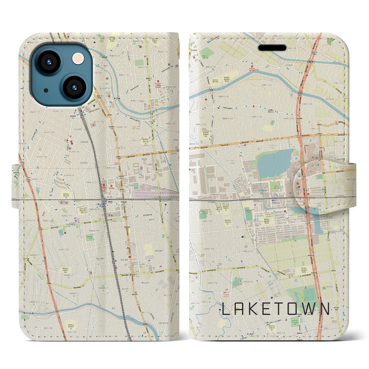 【越谷レイクタウン(埼玉県)】地図柄iPhoneケース(手帳タイプ)ナチュラル・iPhone 13 用