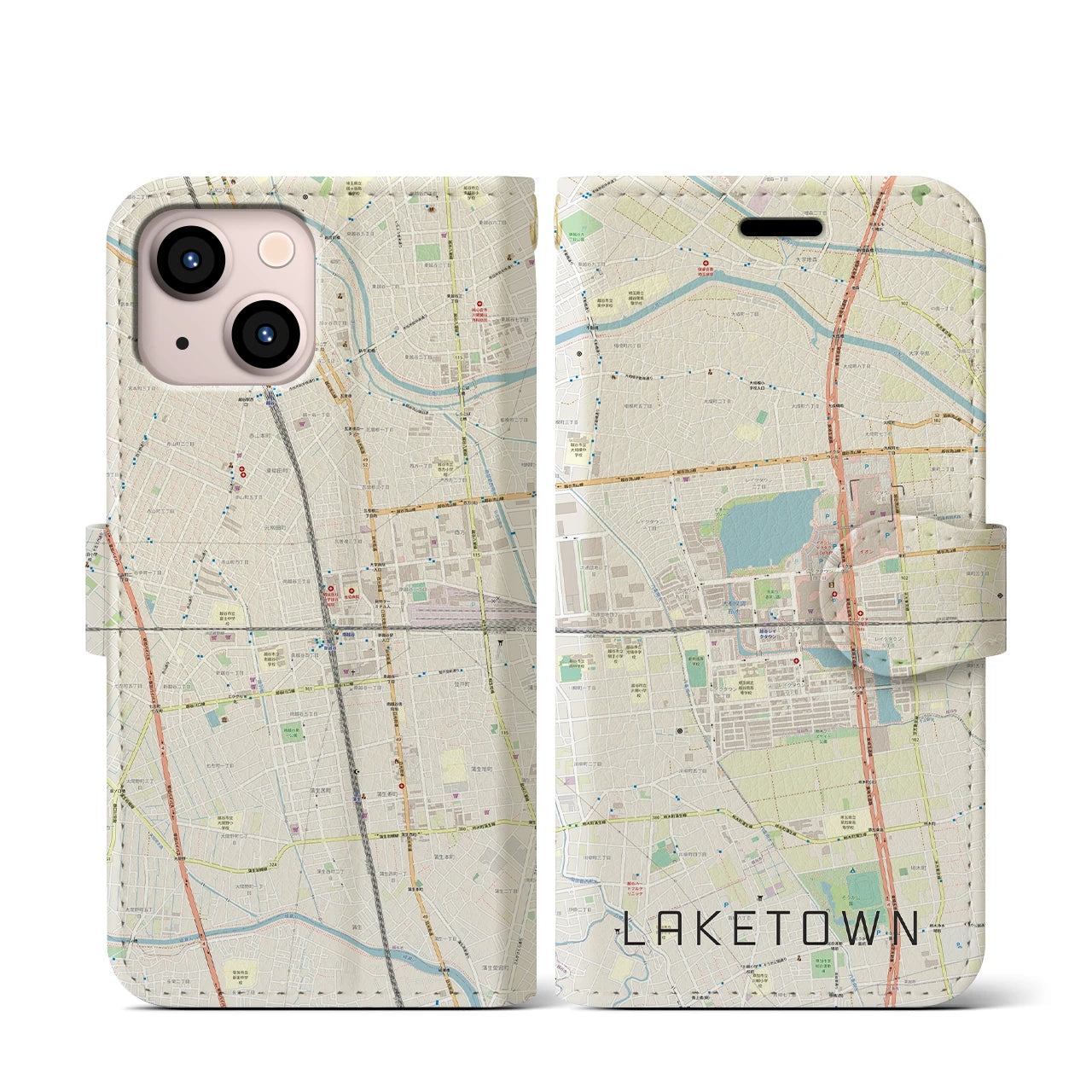 【越谷レイクタウン(埼玉県)】地図柄iPhoneケース(手帳タイプ)ナチュラル・iPhone 13 mini 用