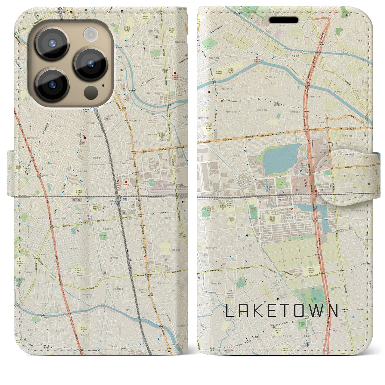 【越谷レイクタウン(埼玉県)】地図柄iPhoneケース(手帳タイプ)ナチュラル・iPhone 14 Pro Max 用