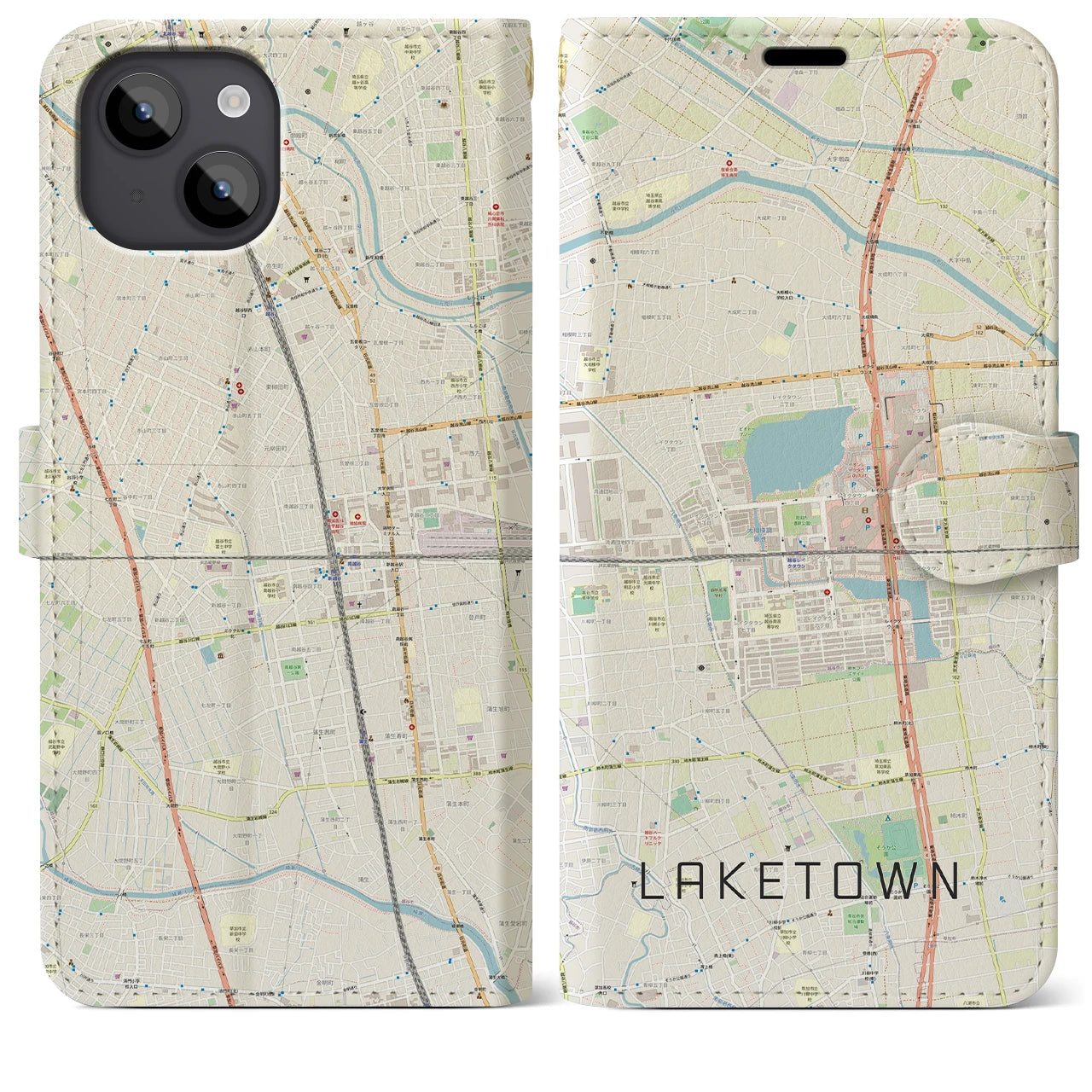 【越谷レイクタウン(埼玉県)】地図柄iPhoneケース(手帳タイプ)ナチュラル・iPhone 14 Plus 用