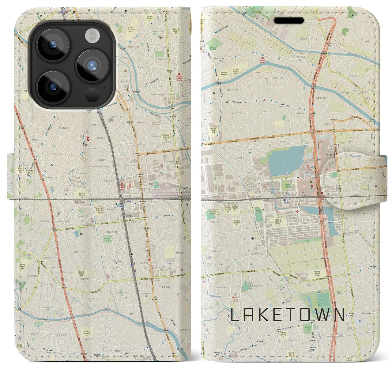 【越谷レイクタウン(埼玉県)】地図柄iPhoneケース(手帳タイプ)ナチュラル・iPhone 15 Pro Max 用