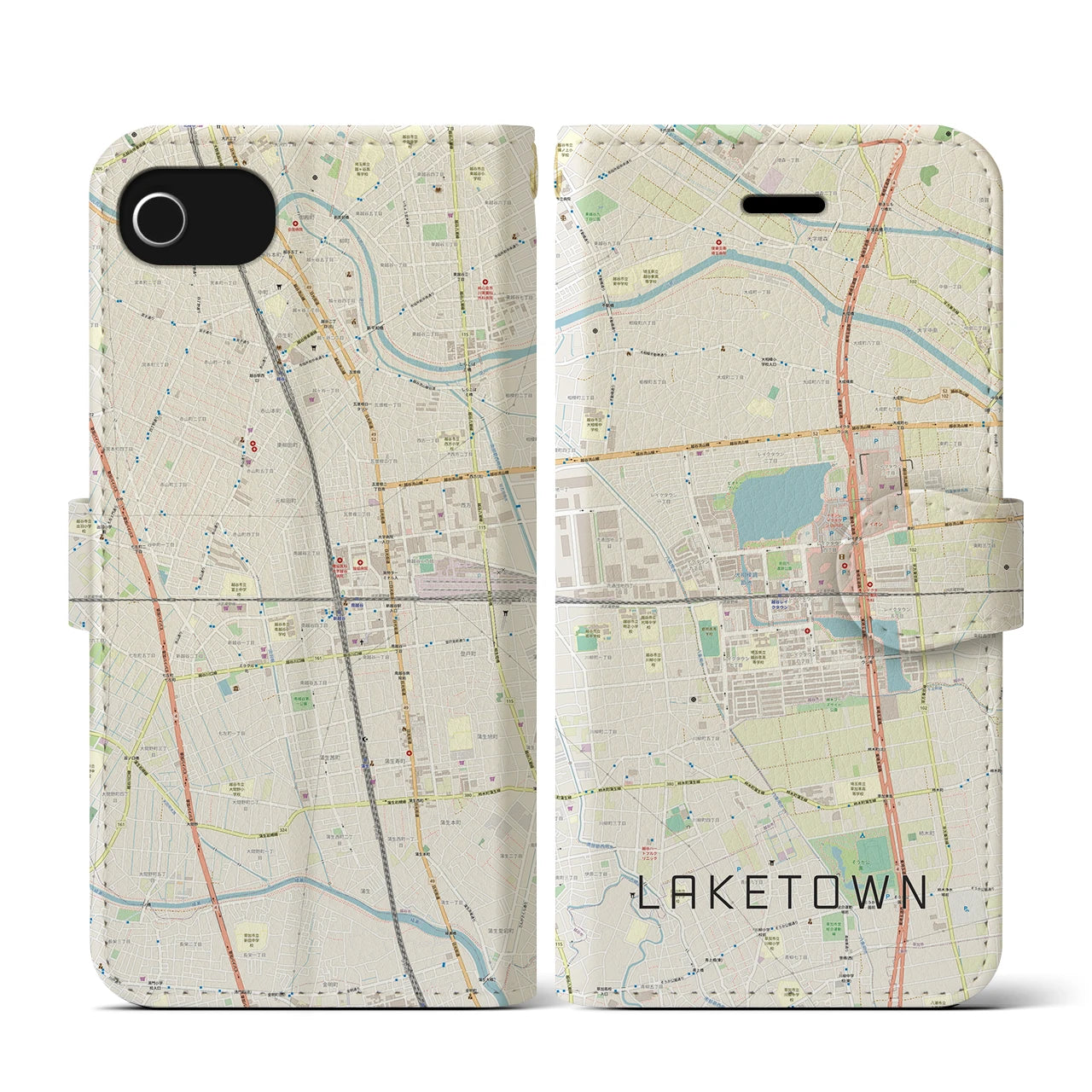 【越谷レイクタウン(埼玉県)】地図柄iPhoneケース(手帳タイプ)ナチュラル・iPhone SE(第3 / 第2世代) / 8 / 7 / 6s / 6 用