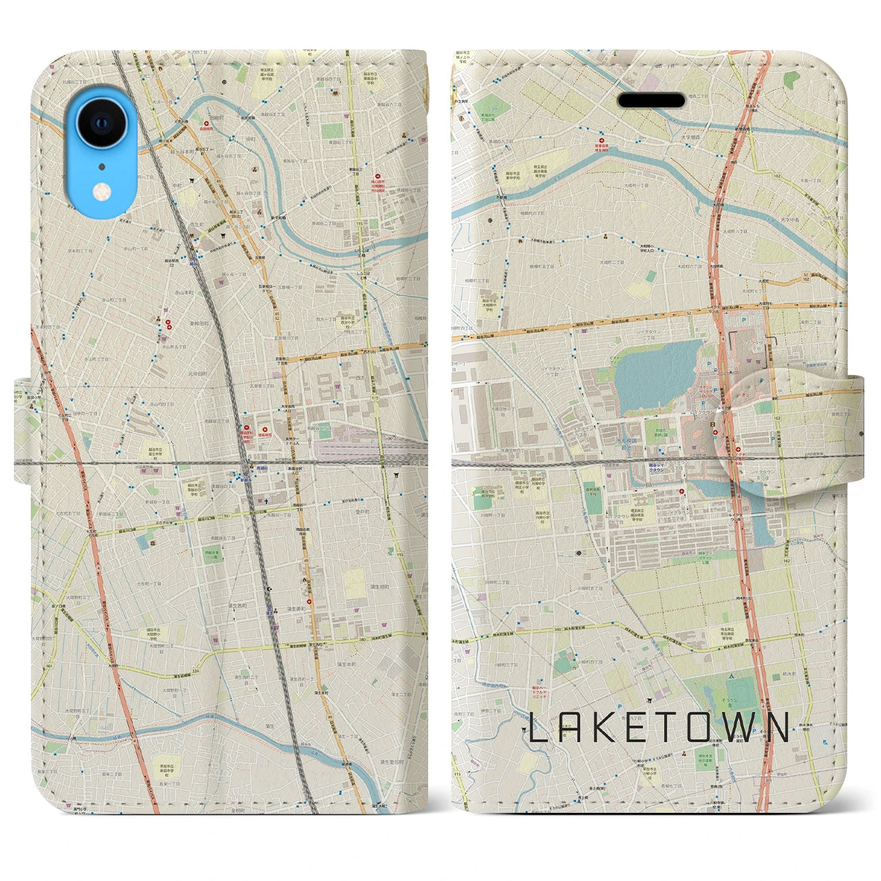 【越谷レイクタウン(埼玉県)】地図柄iPhoneケース(手帳タイプ)ナチュラル・iPhone XR 用