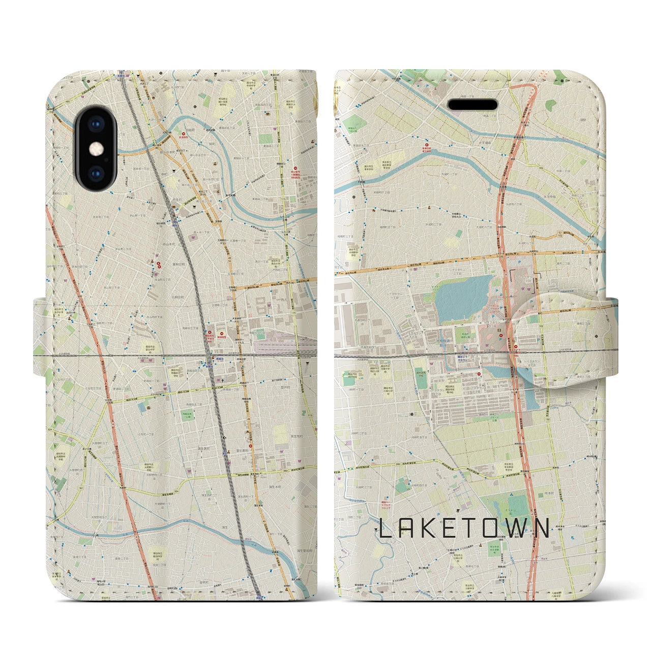 【越谷レイクタウン(埼玉県)】地図柄iPhoneケース(手帳タイプ)ナチュラル・iPhone XS / X 用