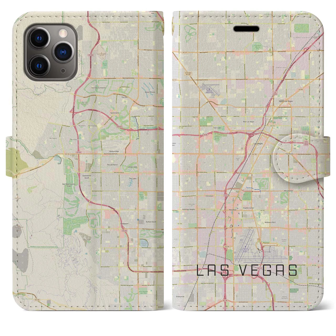 【ラスベガス(アメリカ)】地図柄iPhoneケース(手帳タイプ)ナチュラル・iPhone 11 Pro Max 用