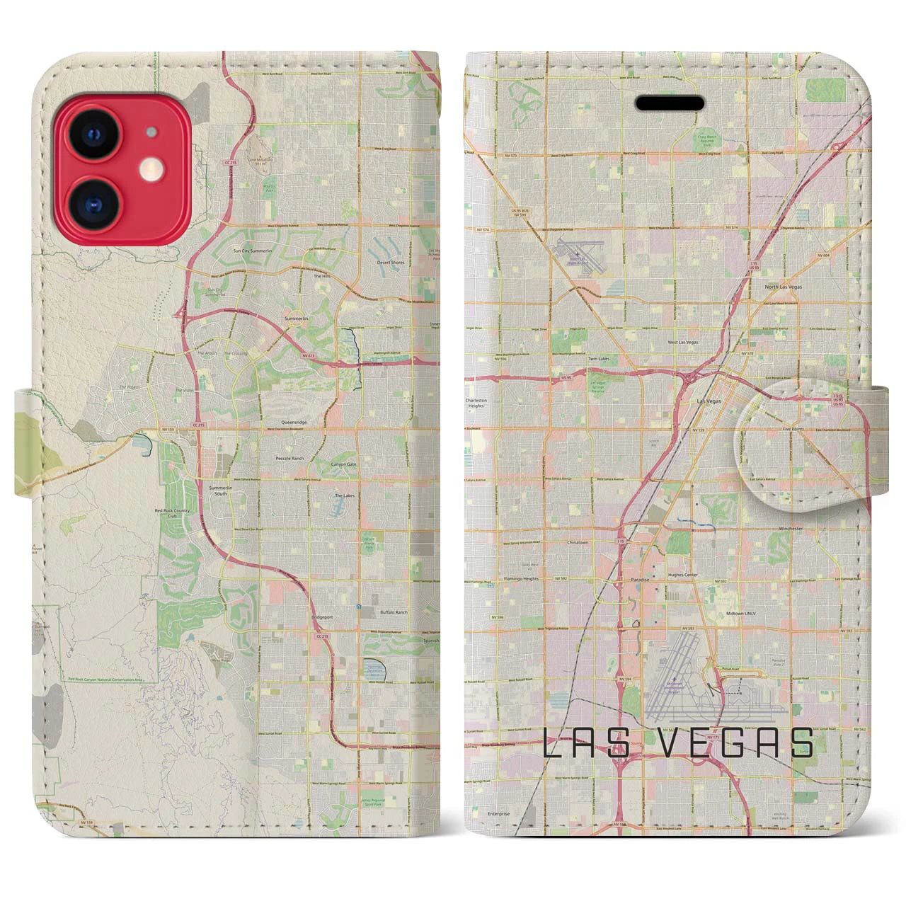 【ラスベガス(アメリカ)】地図柄iPhoneケース(手帳タイプ)ナチュラル・iPhone 11 用